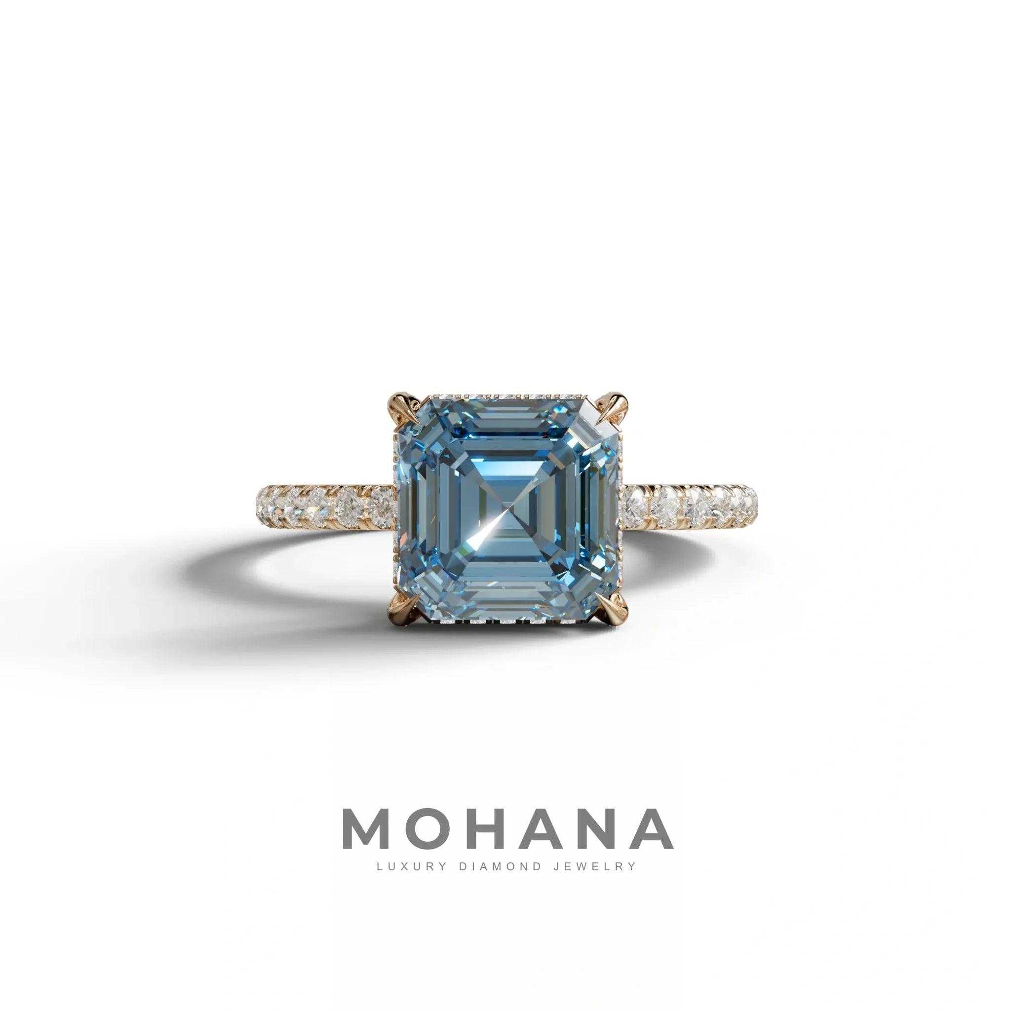 3 Carat Blue Asscher Cut Hidden Halo & Pave Lab Grown Diamond Ring - 10K Solid Gold / Rose Gold