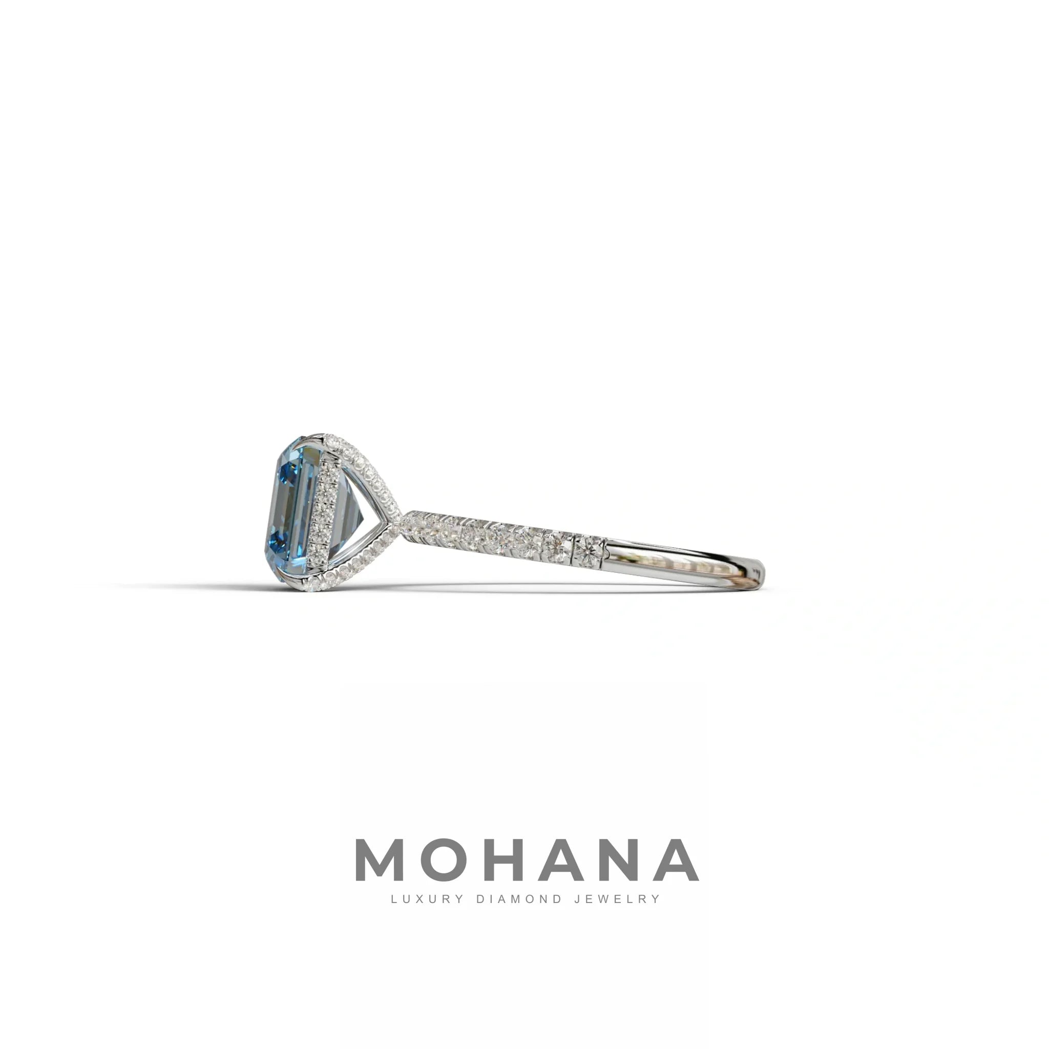 3 Carat Blue Asscher Cut Hidden Halo & Pave Lab Grown Diamond Ring