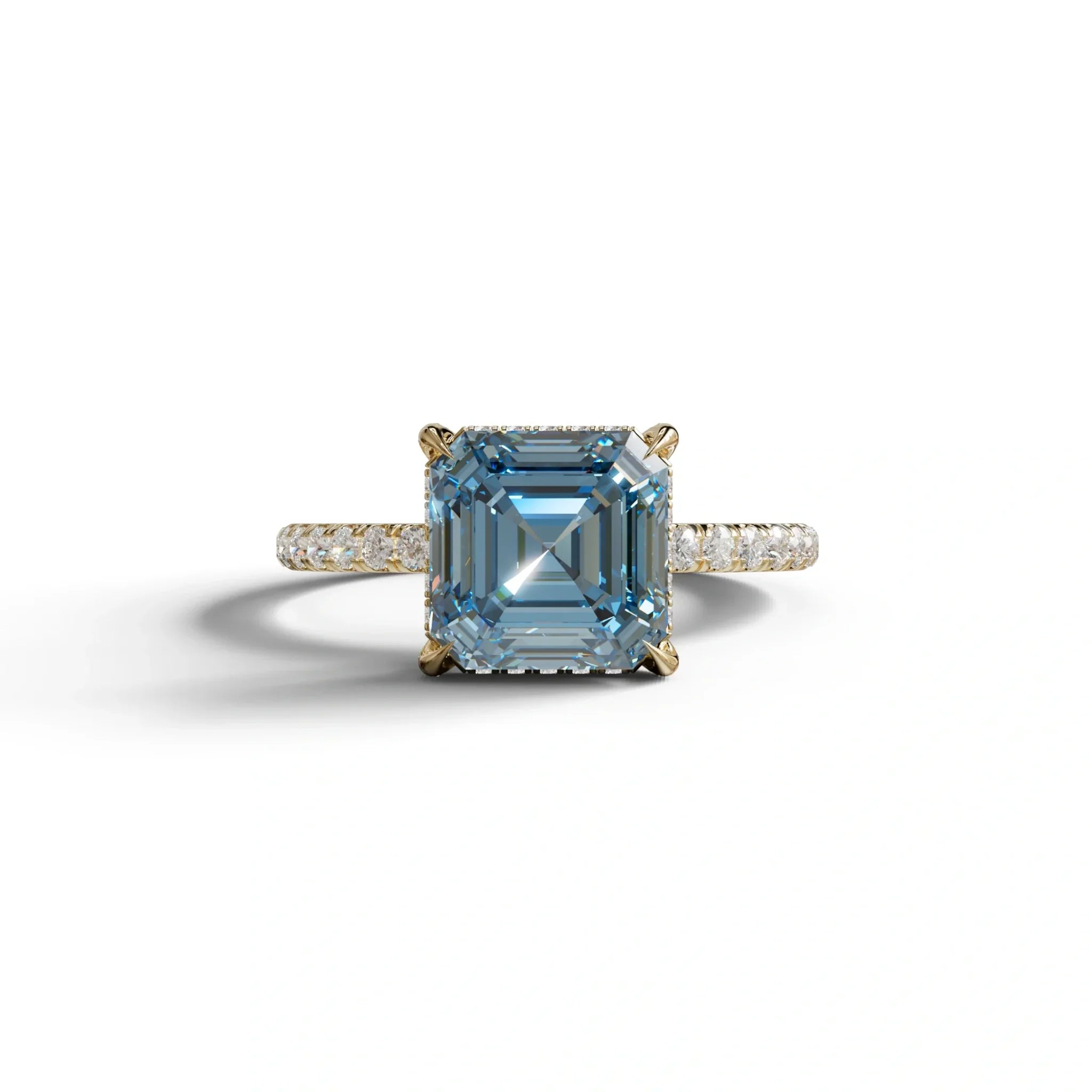 3 Carat Blue Asscher Cut Hidden Halo & Pave Lab Grown Diamond Ring - 10K Solid Gold / Yellow Gold