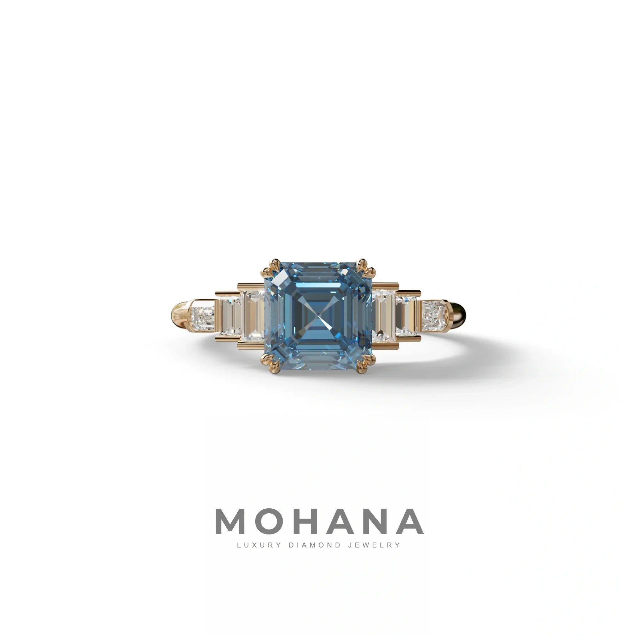 3 Carat Fancy Vivid Blue Asscher Three Stone Lab grown Diamond Ring - Vetra - 10K Solid Gold / Rose Gold