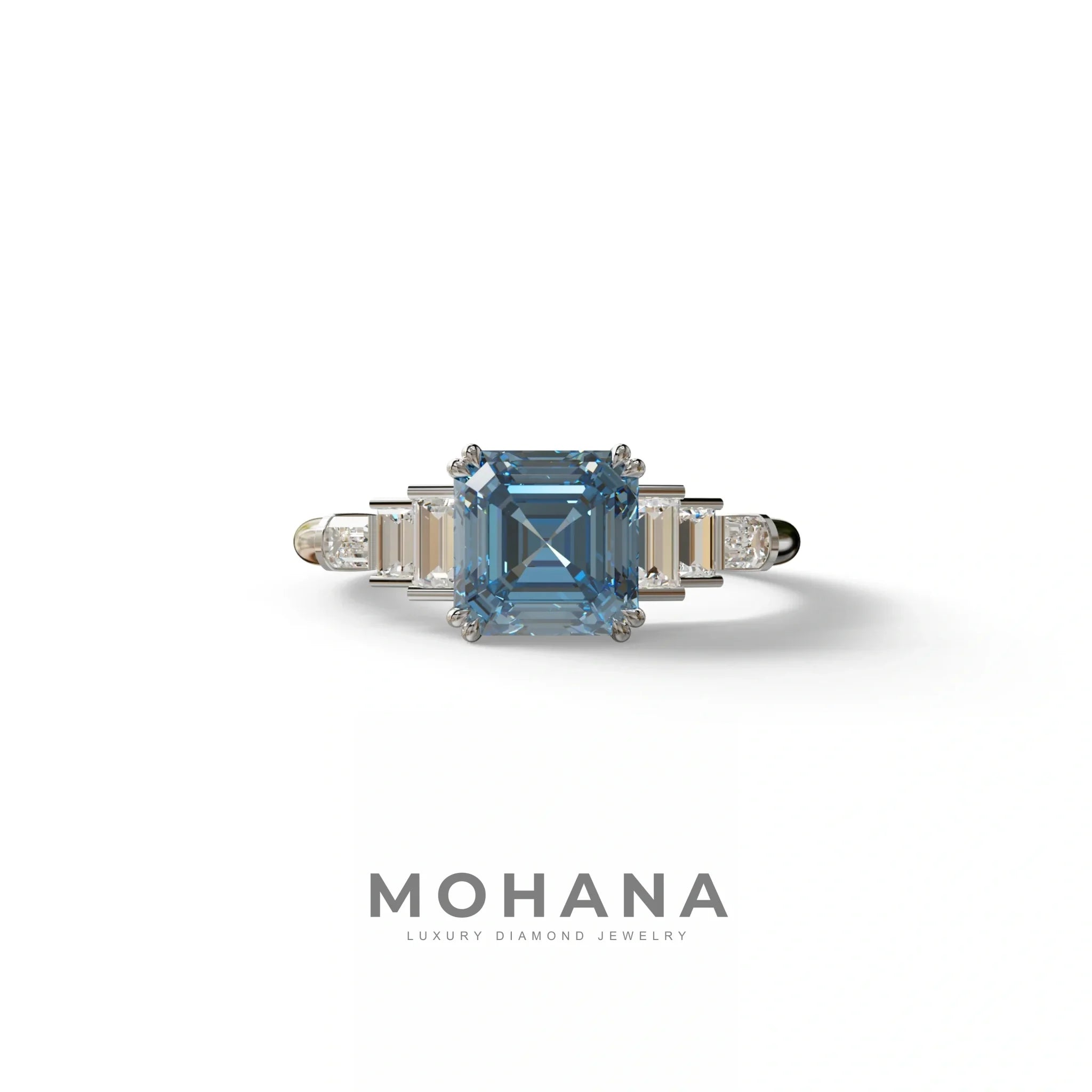 3 Carat Fancy Vivid Blue Asscher Three Stone Lab grown Diamond Ring - Vetra - 10K Solid Gold / White Gold