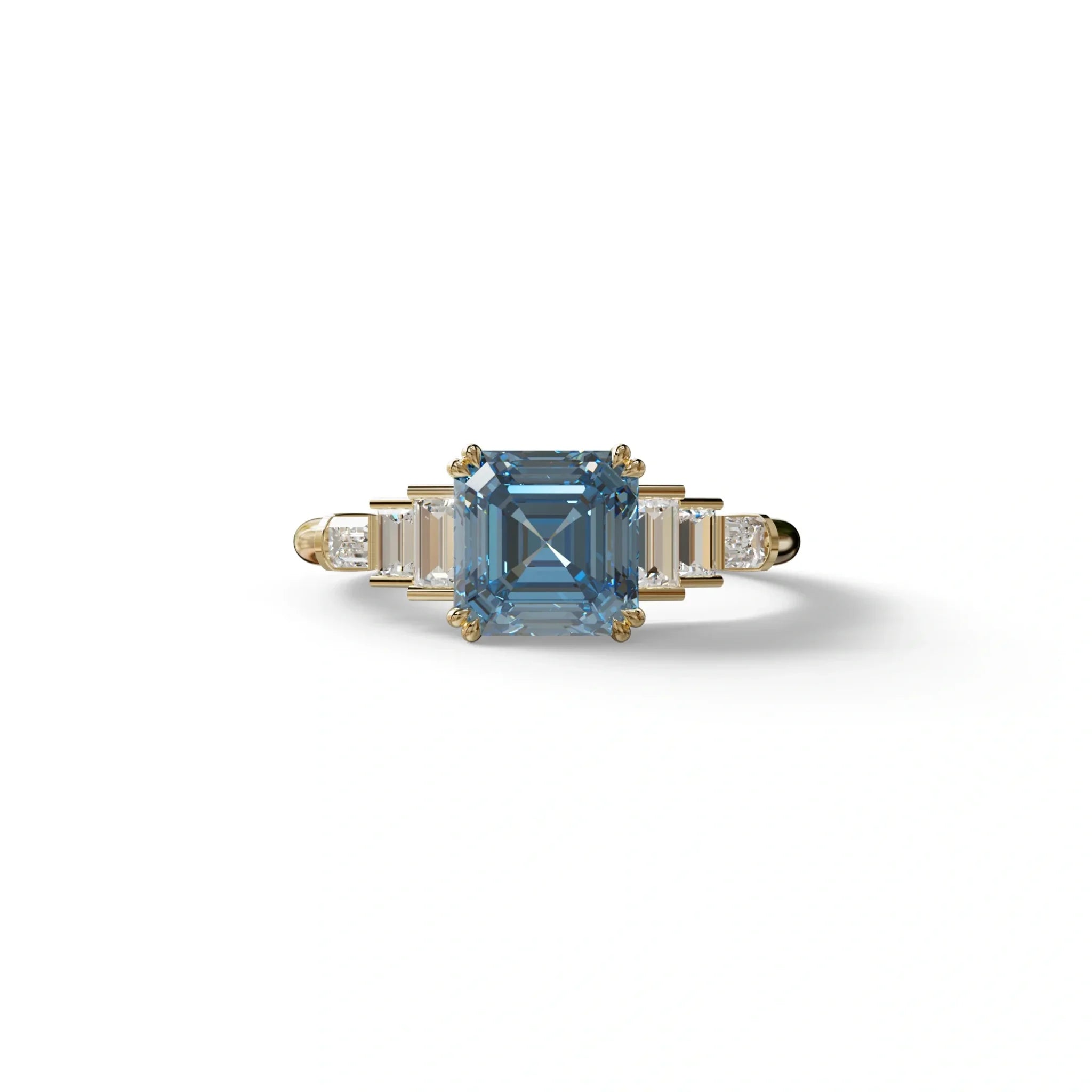 3 Carat Fancy Vivid Blue Asscher Three Stone Lab grown Diamond Ring - Vetra - 10K Solid Gold / Yellow Gold