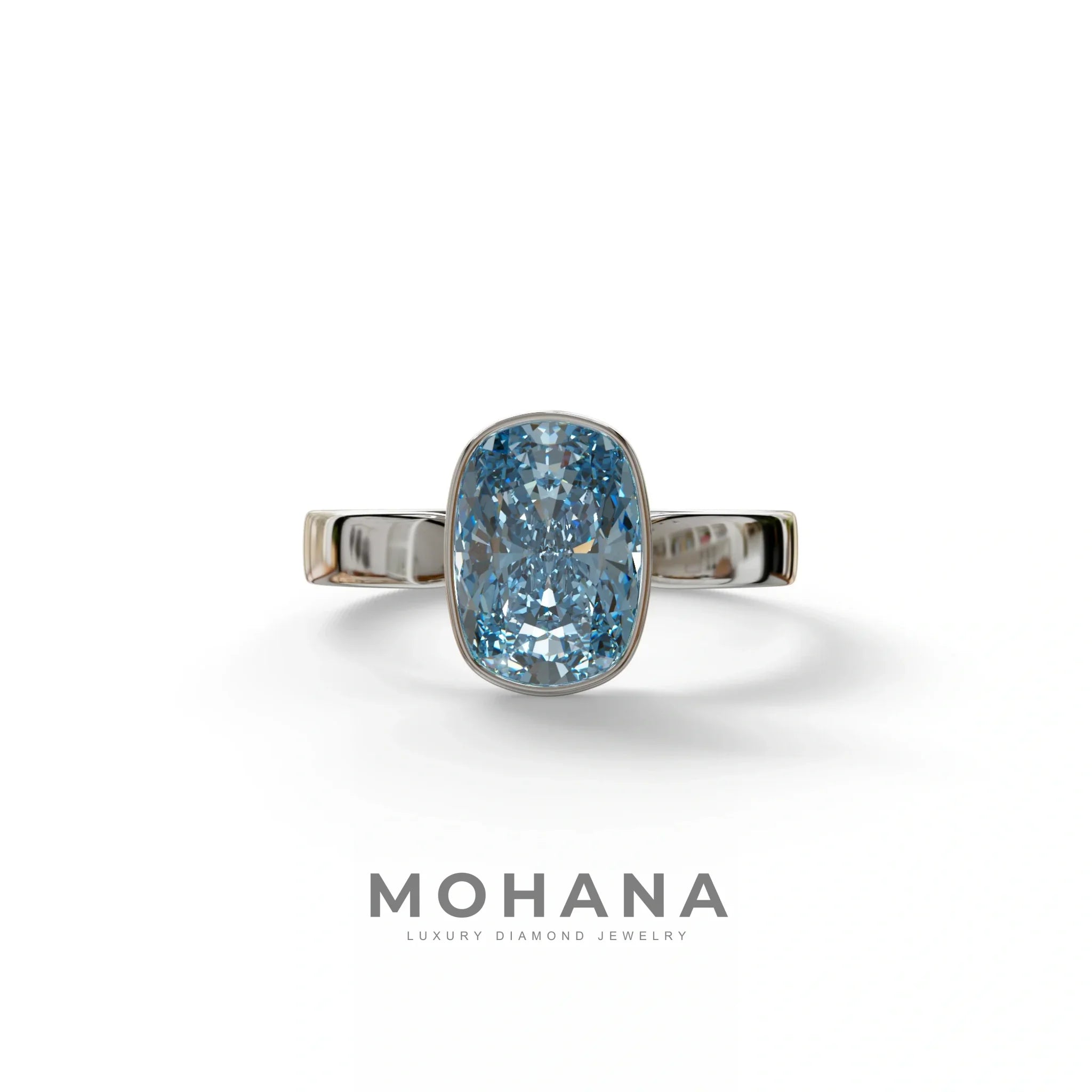 3 Carat Blue Elongated Cushion Cut Bezel Set Engagement Ring - Astrae - 10K Solid Gold / White Gold
