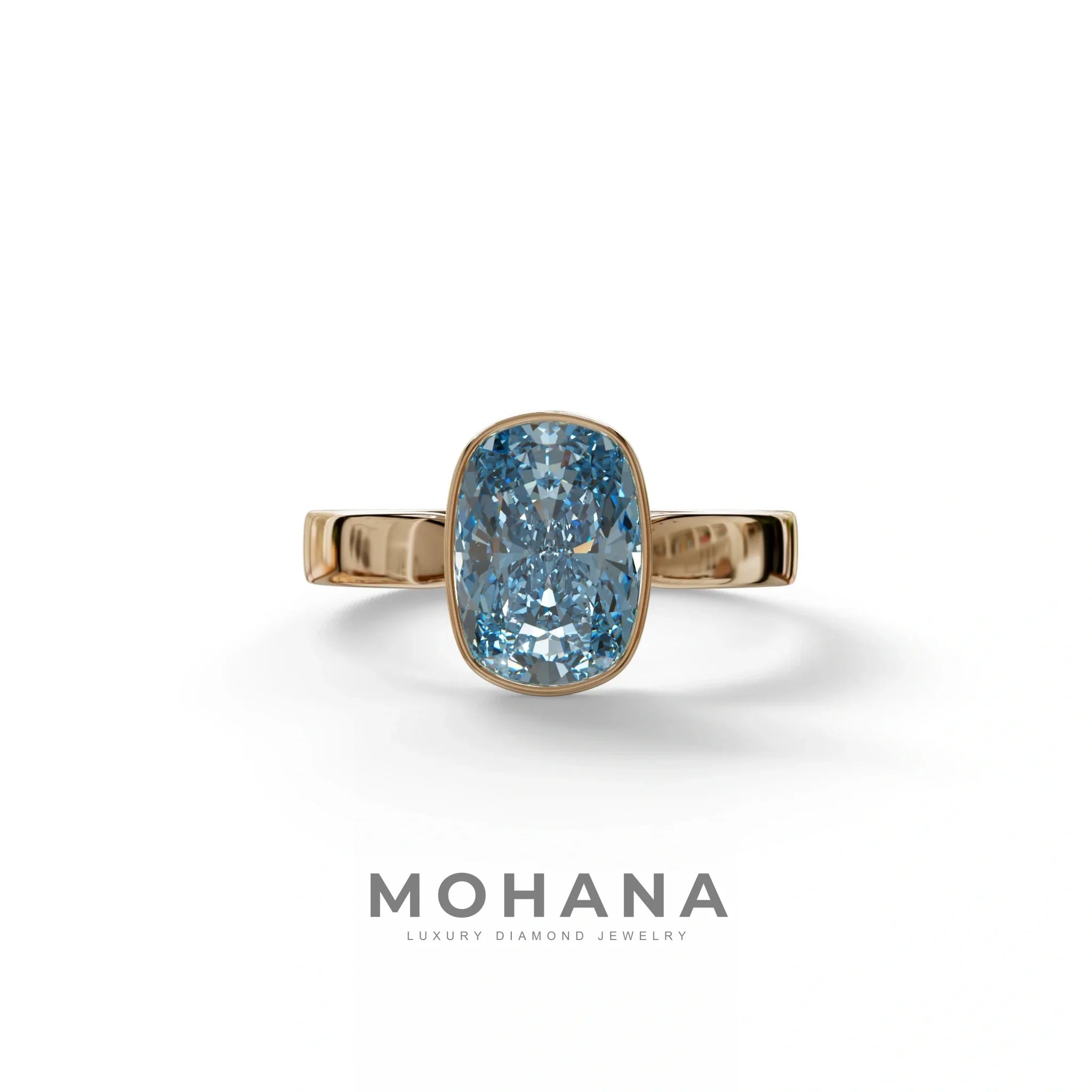 3 Carat Blue Elongated Cushion Cut Bezel Set Engagement Ring - Astrae - 10K Solid Gold / Rose Gold