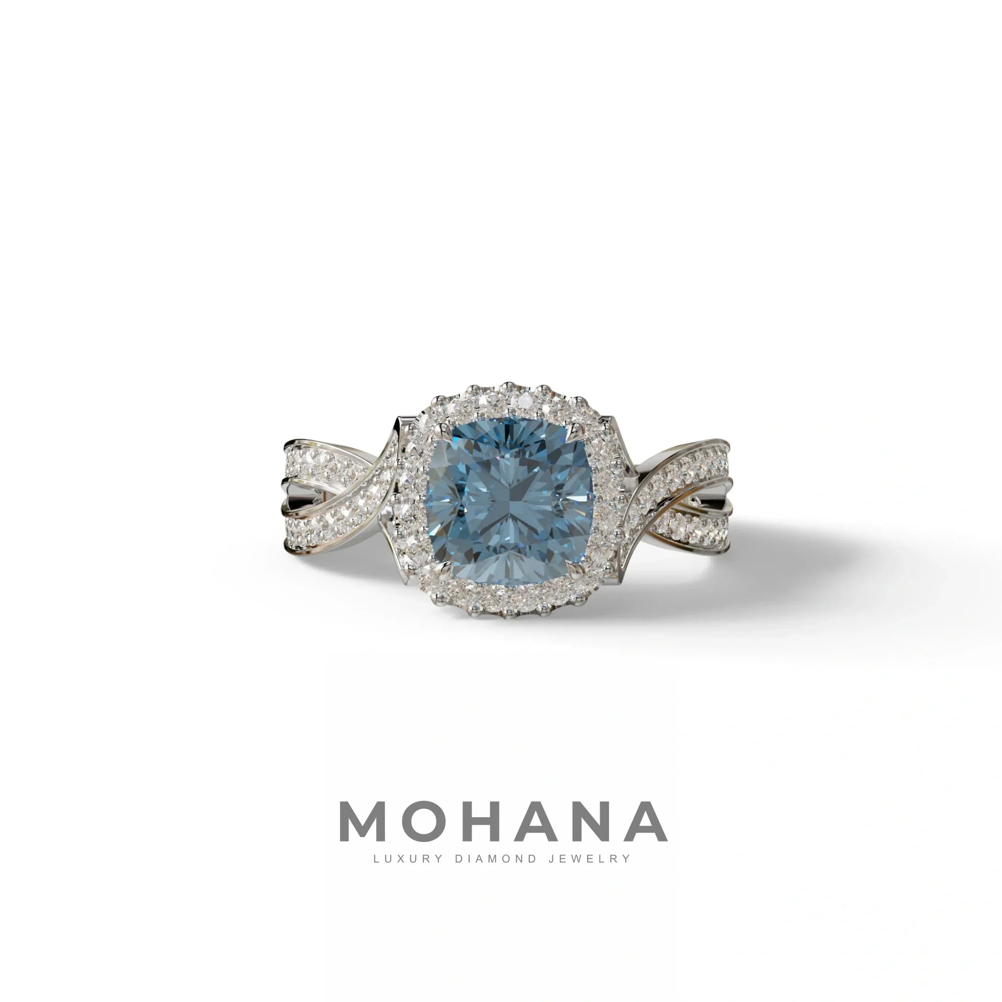 3 Carat Blue Cushion Cut Lab Grown Halo Diamond Engagement Ring - Odessa - 10K Solid Gold / White Gold