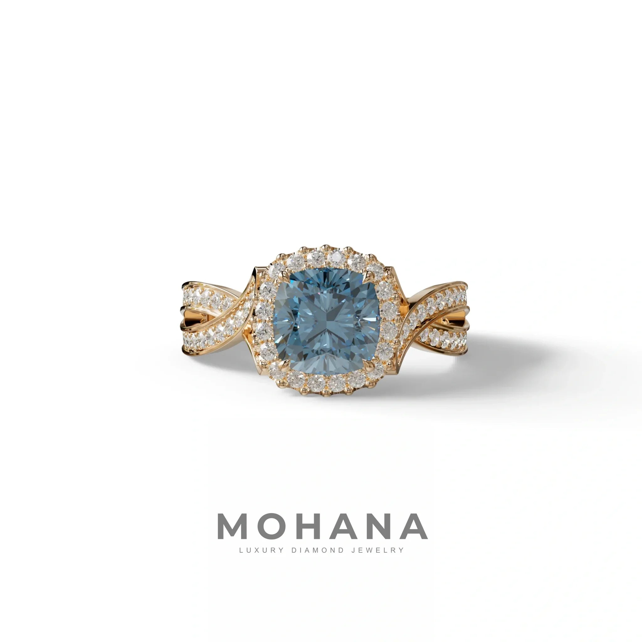 3 Carat Blue Cushion Cut Lab Grown Halo Diamond Engagement Ring - Odessa - 10K Solid Gold / Rose Gold