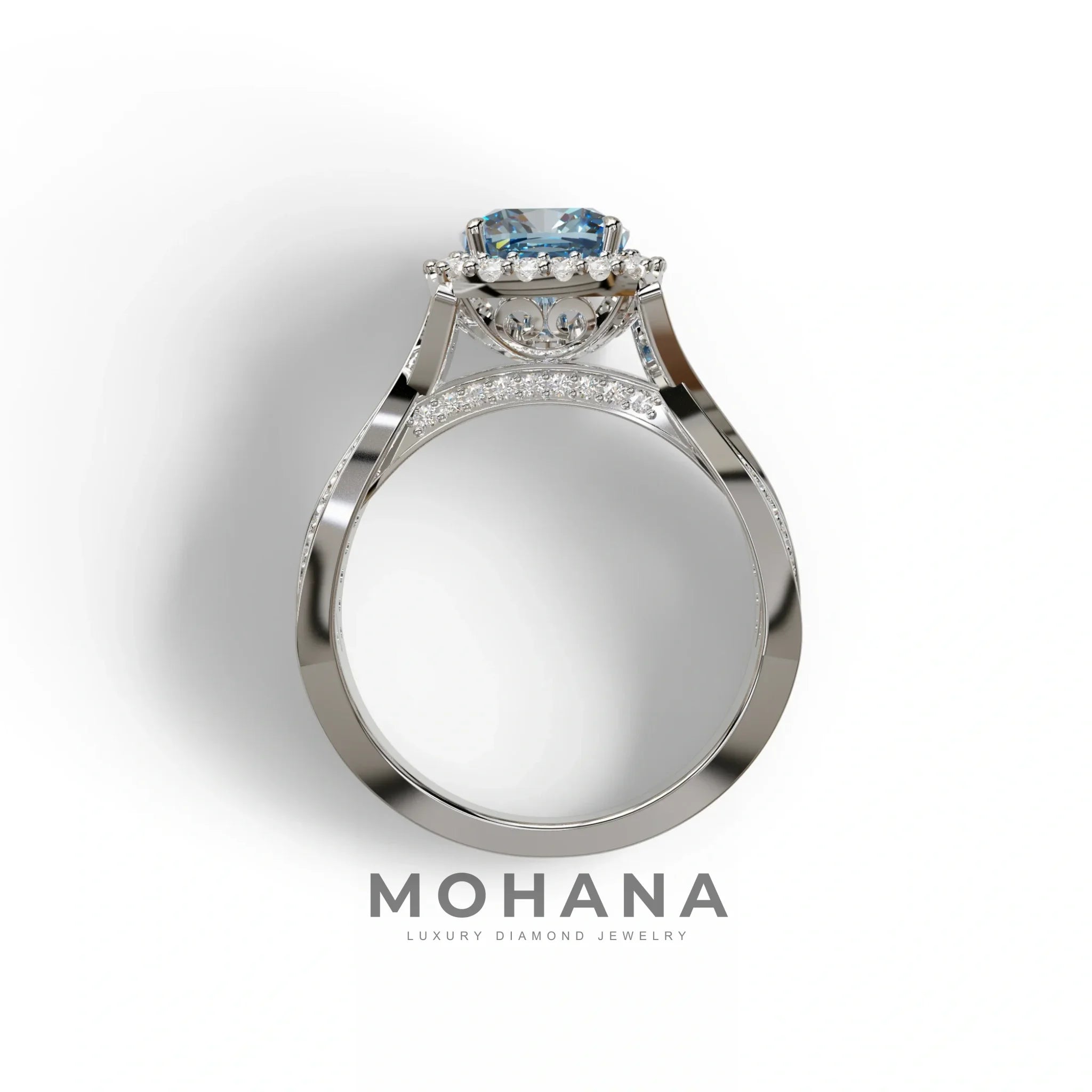 3 Carat Blue Cushion Cut Lab Grown Halo Diamond Engagement Ring - Odessa