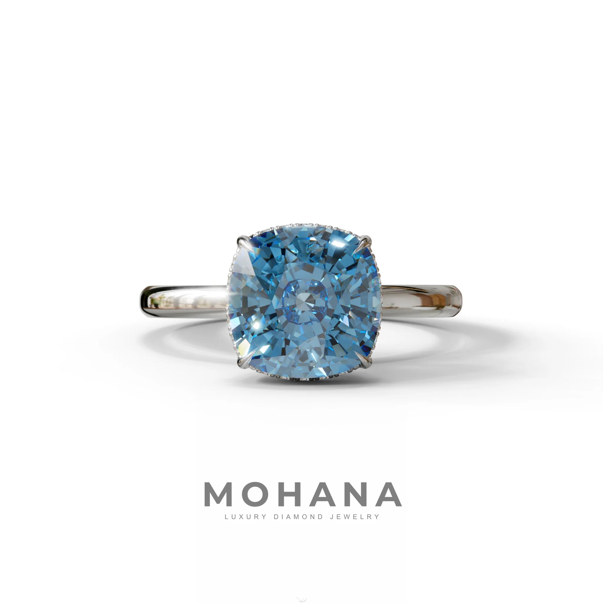 3 Carat Blue Cushion Lab Diamond Hidden Halo Ring - 10K Solid Gold / White Gold
