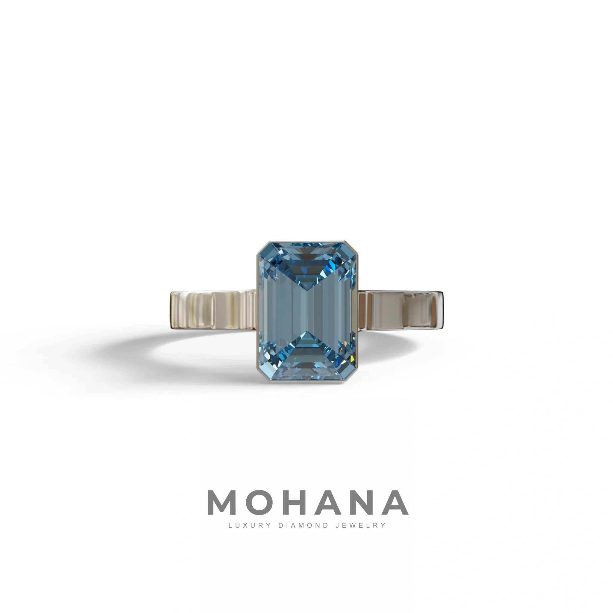 3 Carat Fancy Vivid Blue Emerald cut bezel Setting Ring - Zelora - 10K Solid Gold / White Gold