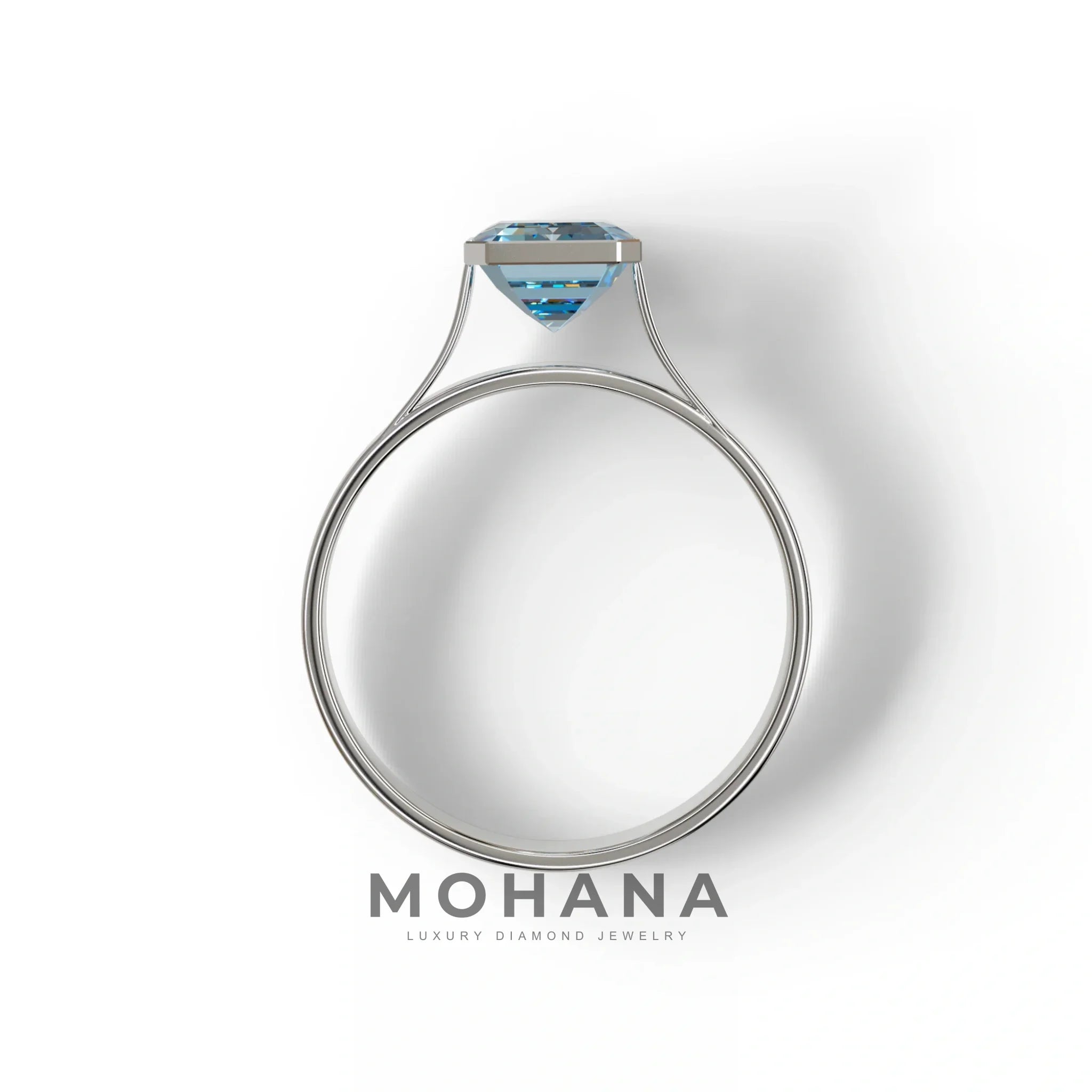 3 Carat Fancy Vivid Blue Emerald cut bezel Setting Ring - Zelora