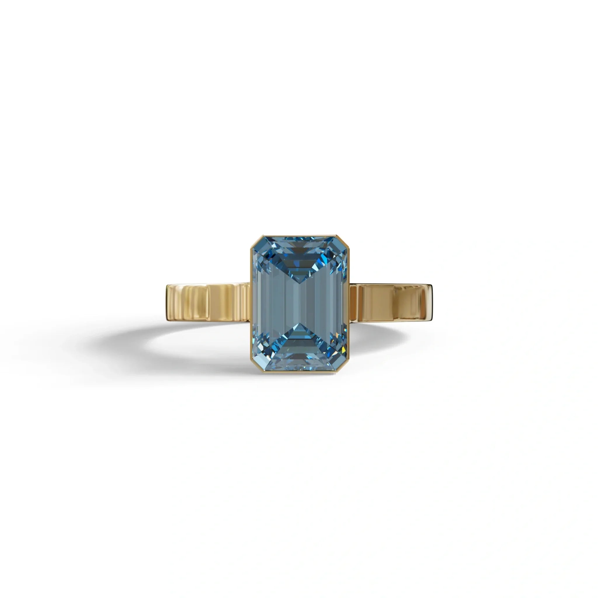 3 Carat Fancy Vivid Blue Emerald cut bezel Setting Ring - Zelora - 10K Solid Gold / Yellow Gold