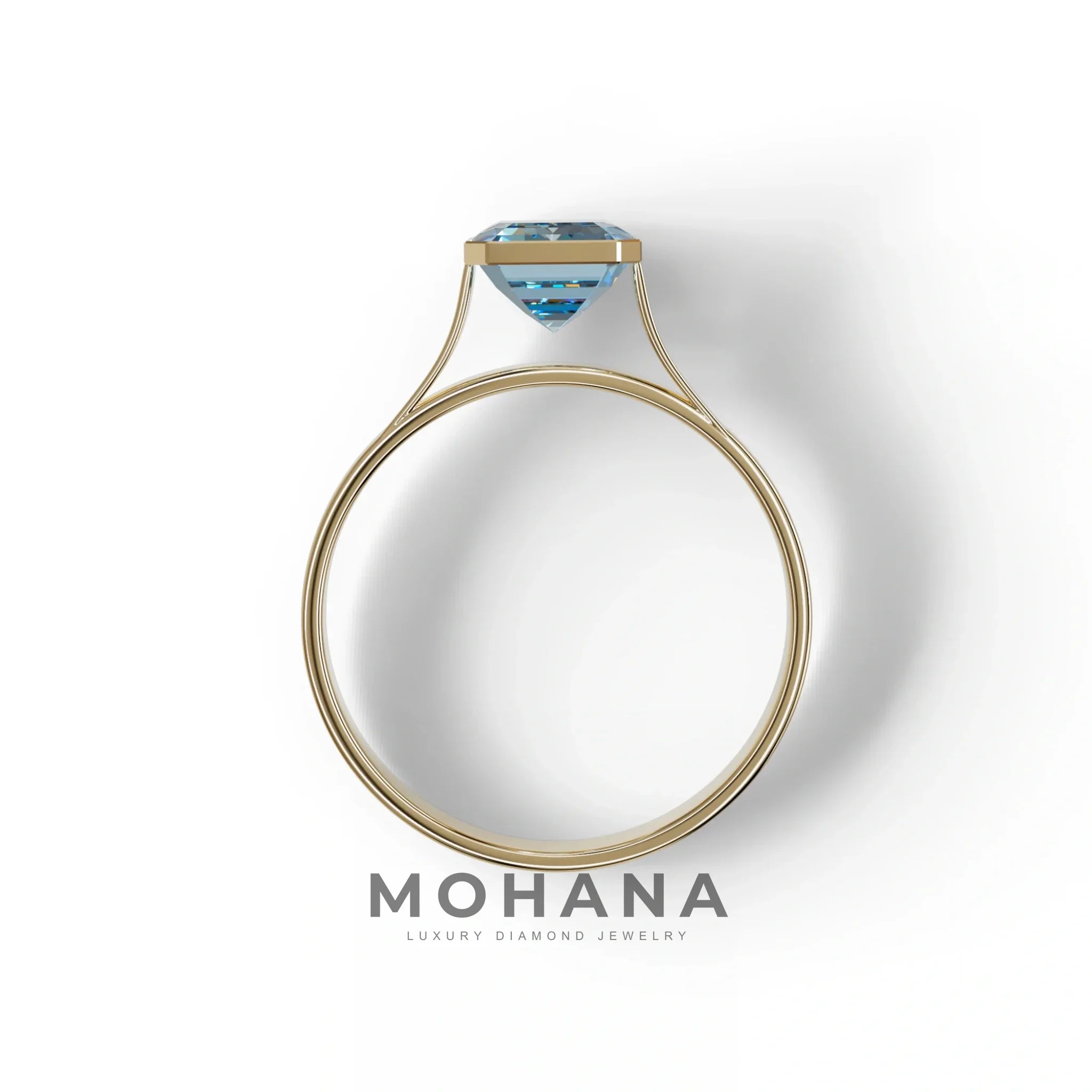 3 Carat Fancy Vivid Blue Emerald cut bezel Setting Ring - Zelora
