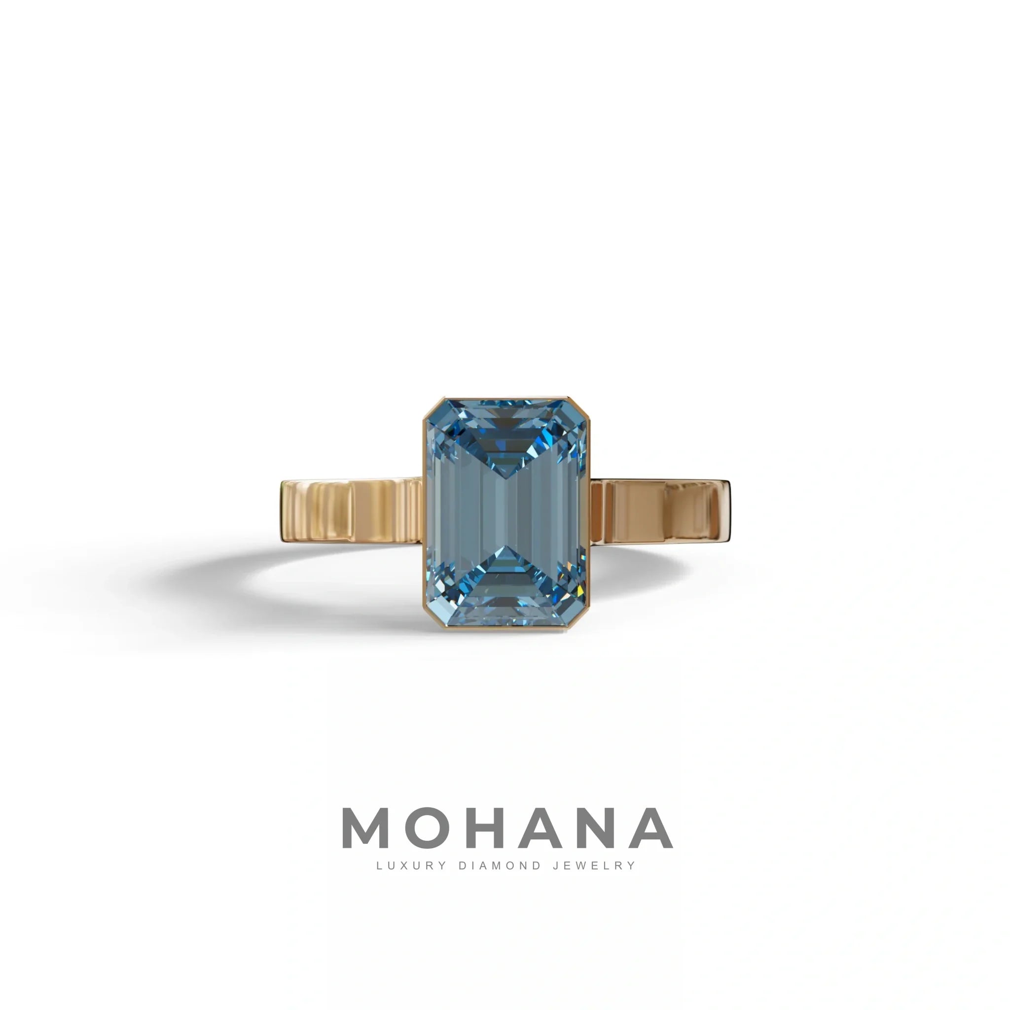 3 Carat Fancy Vivid Blue Emerald cut bezel Setting Ring - Zelora - 10K Solid Gold / Rose Gold