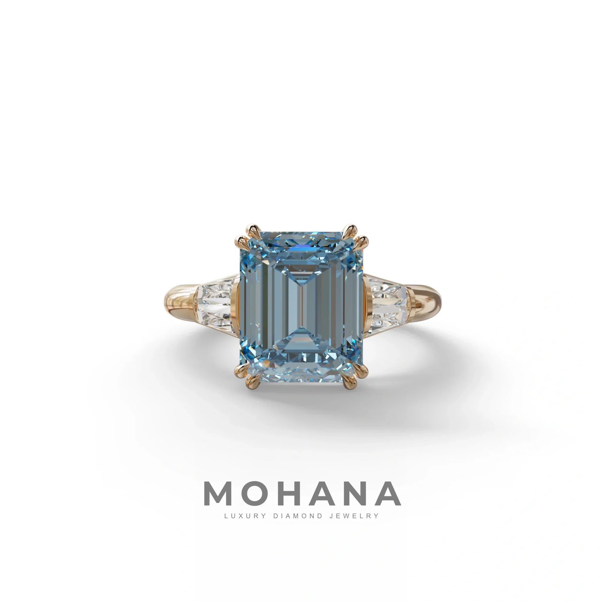 3 Carat Blue Emerald & Baguette Cut Multi Stone Lab Diamond Ring - Lami - 10K Solid Gold / Rose Gold