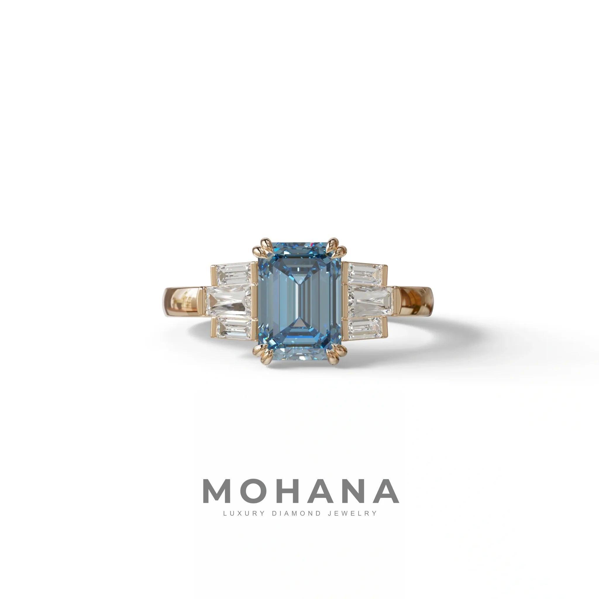 3 Carat Emerald Cut Blue Lab Diamond Engagement Ring - Leela - 10K Solid Gold / Rose Gold