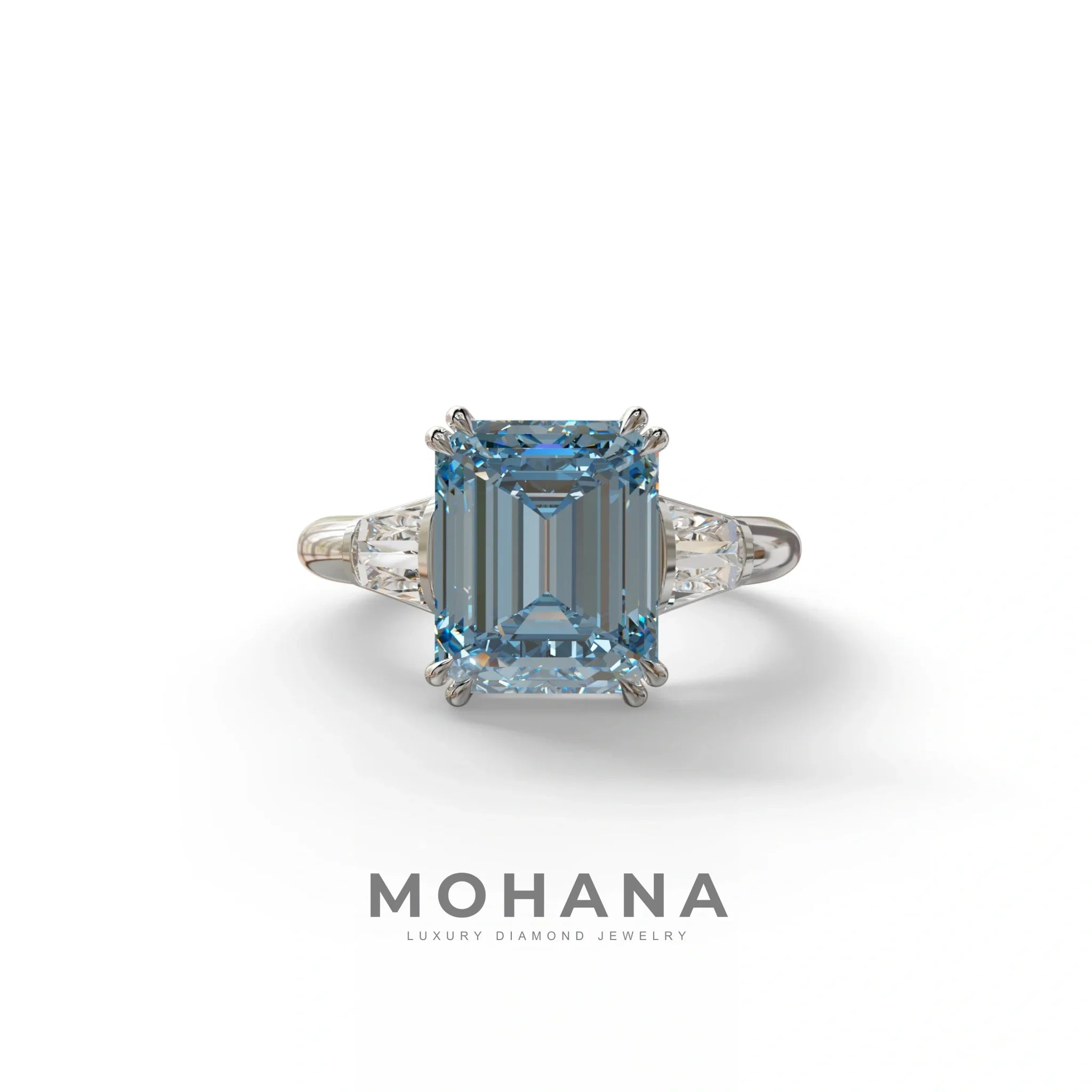 3 Carat Blue Emerald & Baguette Cut Multi Stone Lab Diamond Ring - Lami - 10K Solid Gold / White Gold