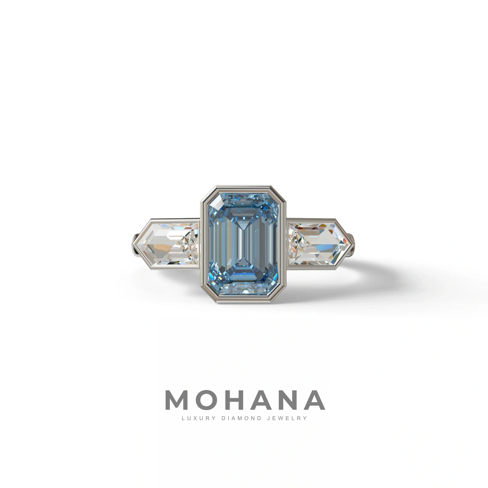 3 Ct Fancy Vivid Blue Emerald Cut Lab Diamond Ring - Lumons - 10K Solid Gold / White Gold