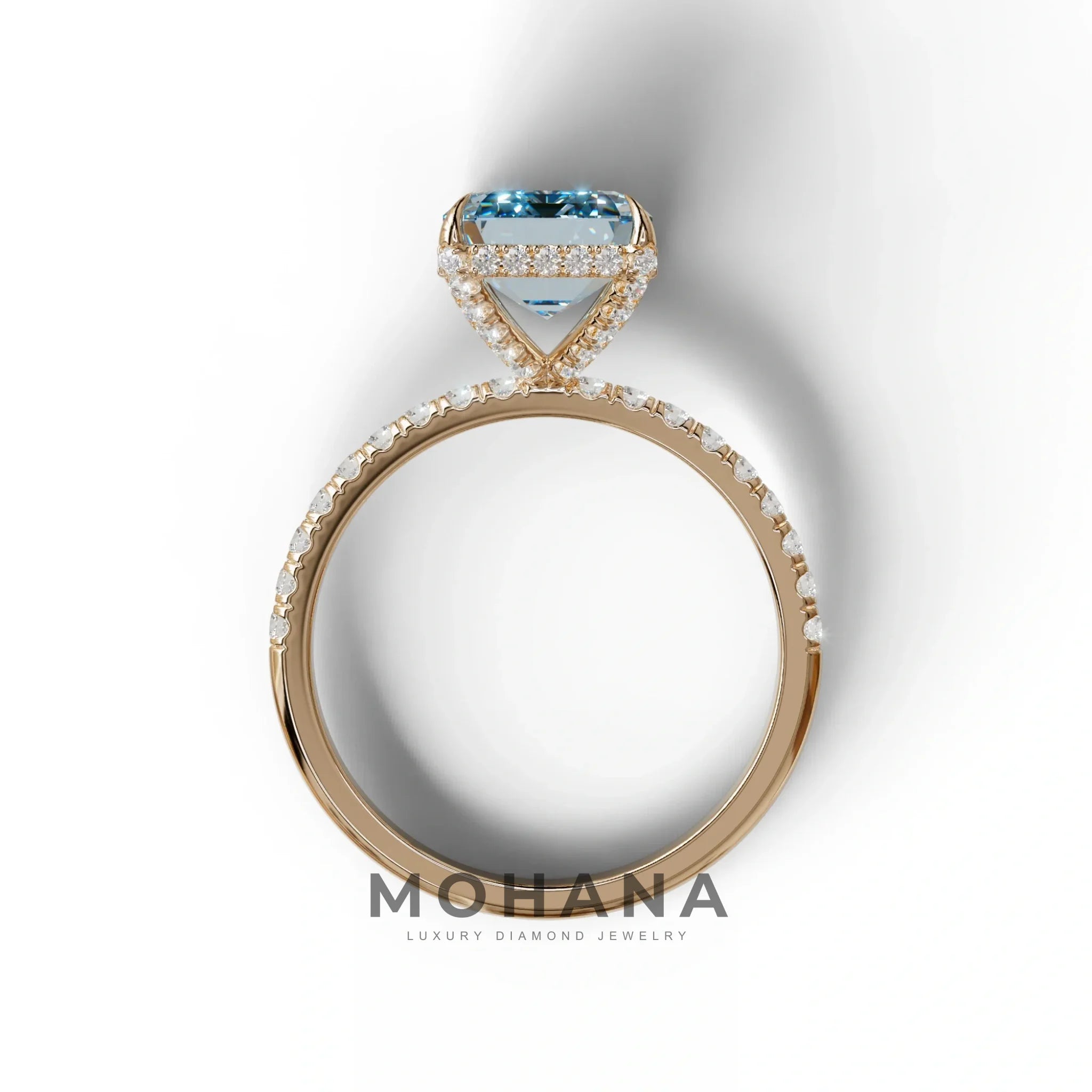 3 Carat Blue Emerald Cut Lab Diamond In Hidden Halo & Pave Setting Ring
