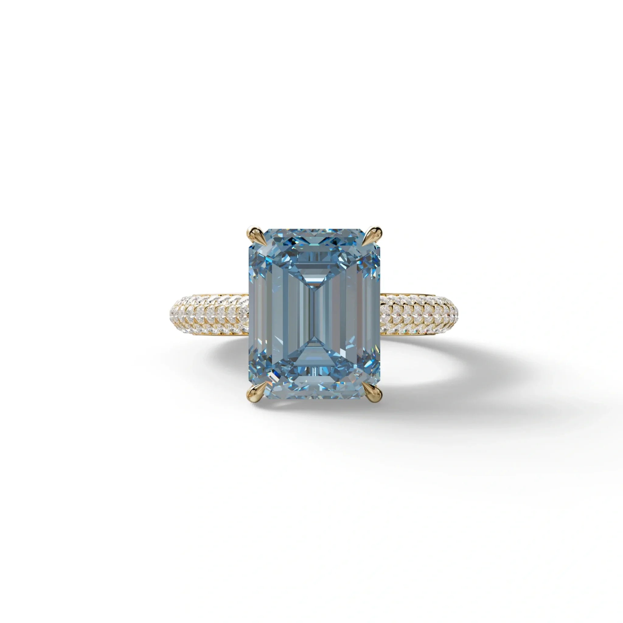 3 Carat Blue Emerald Cut Hidden Halo & Pave Set Lab Diamond Ring - Emme - 10K Solid Gold / Yellow Gold