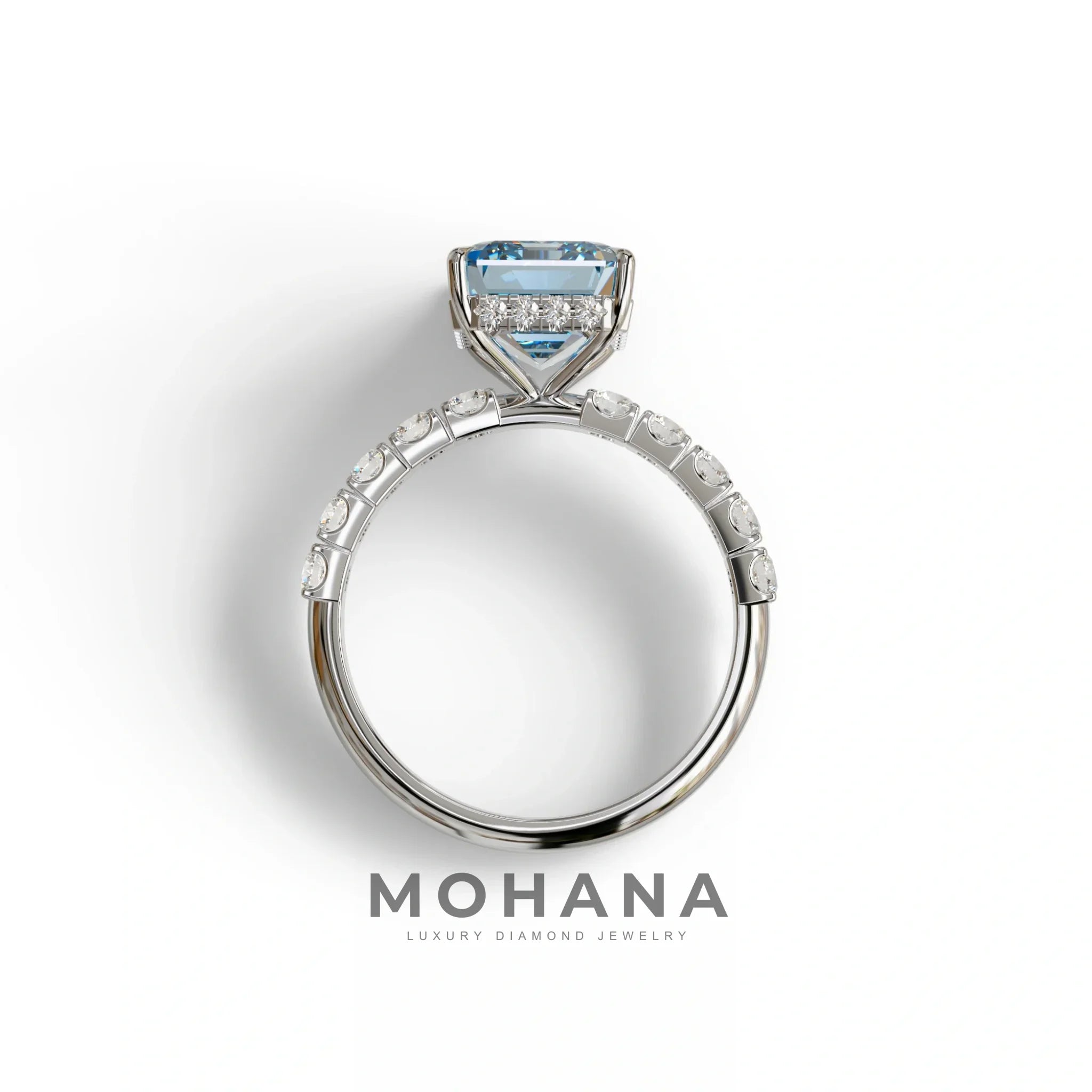 3 Carat Blue Emerald Cut Hidden Halo Lab Diamond Engagement Ring - Luminary