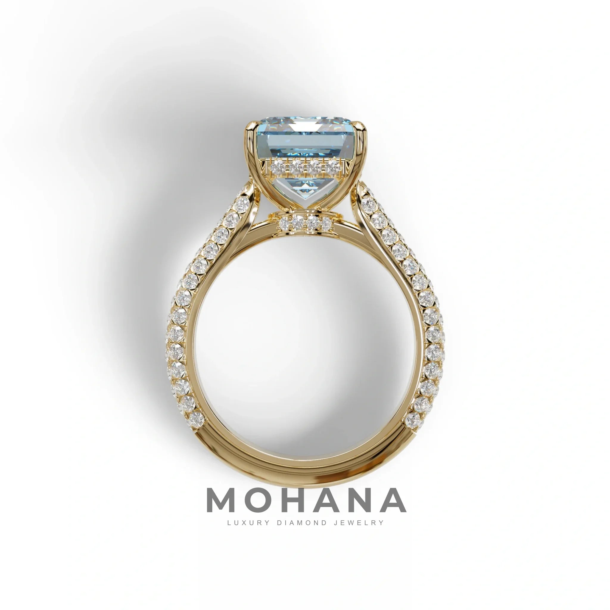 3 Carat Blue Emerald Cut Hidden Halo & Pave Set Lab Diamond Ring - Emme