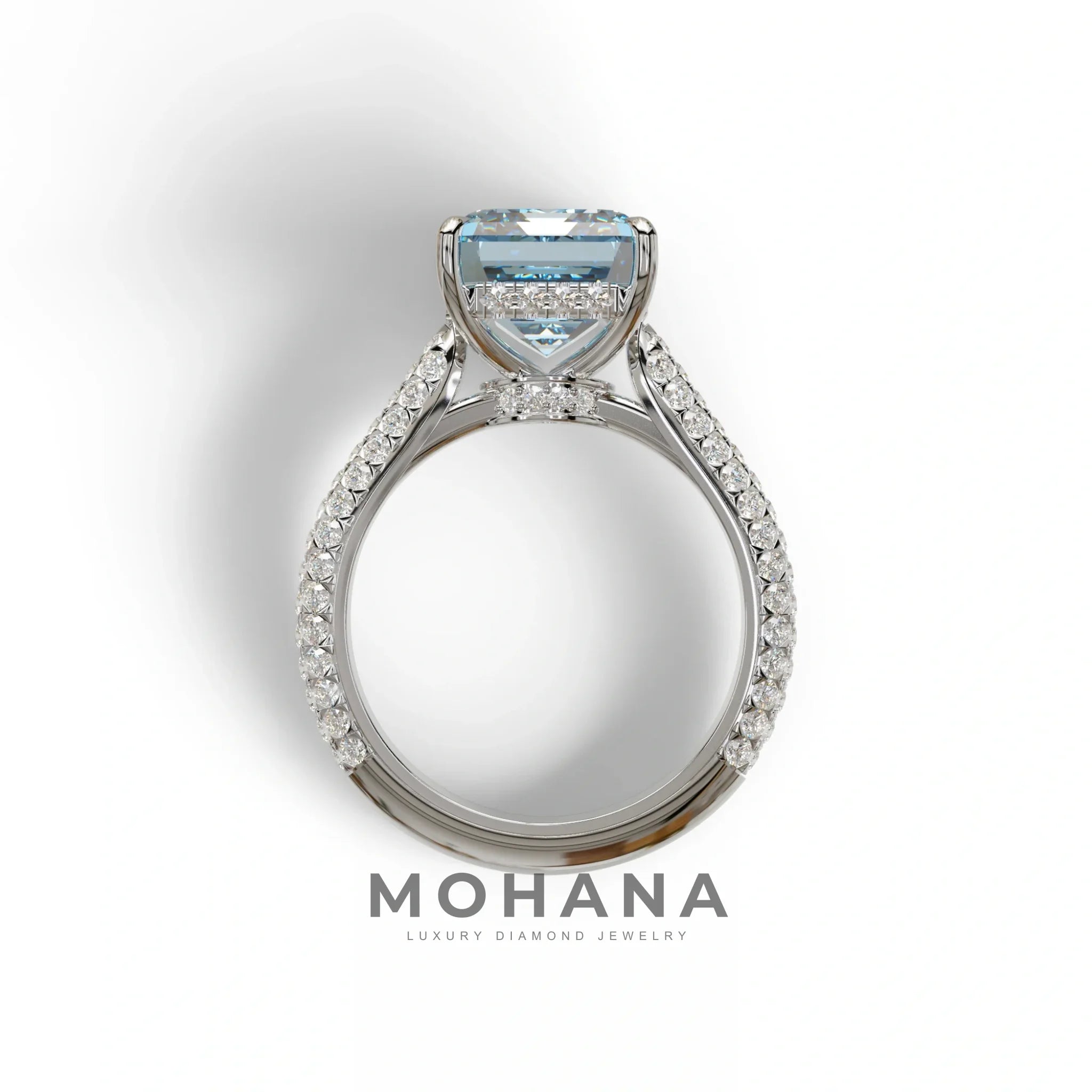 3 Carat Blue Emerald Cut Hidden Halo & Pave Set Lab Diamond Ring - Emme