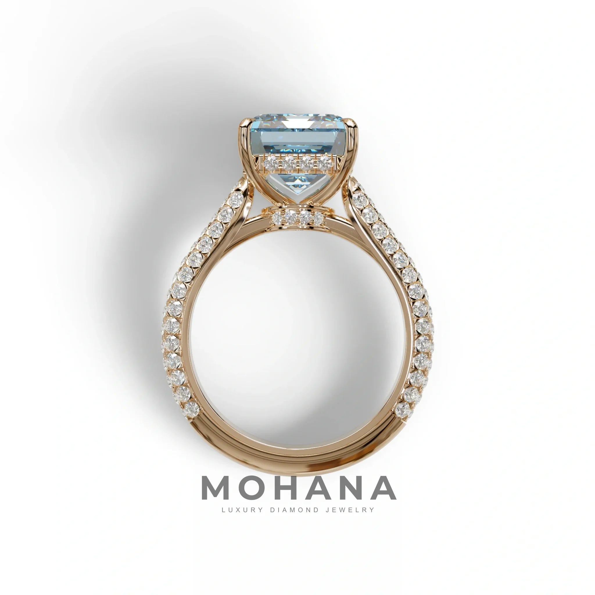 3 Carat Blue Emerald Cut Hidden Halo & Pave Set Lab Diamond Ring - Emme