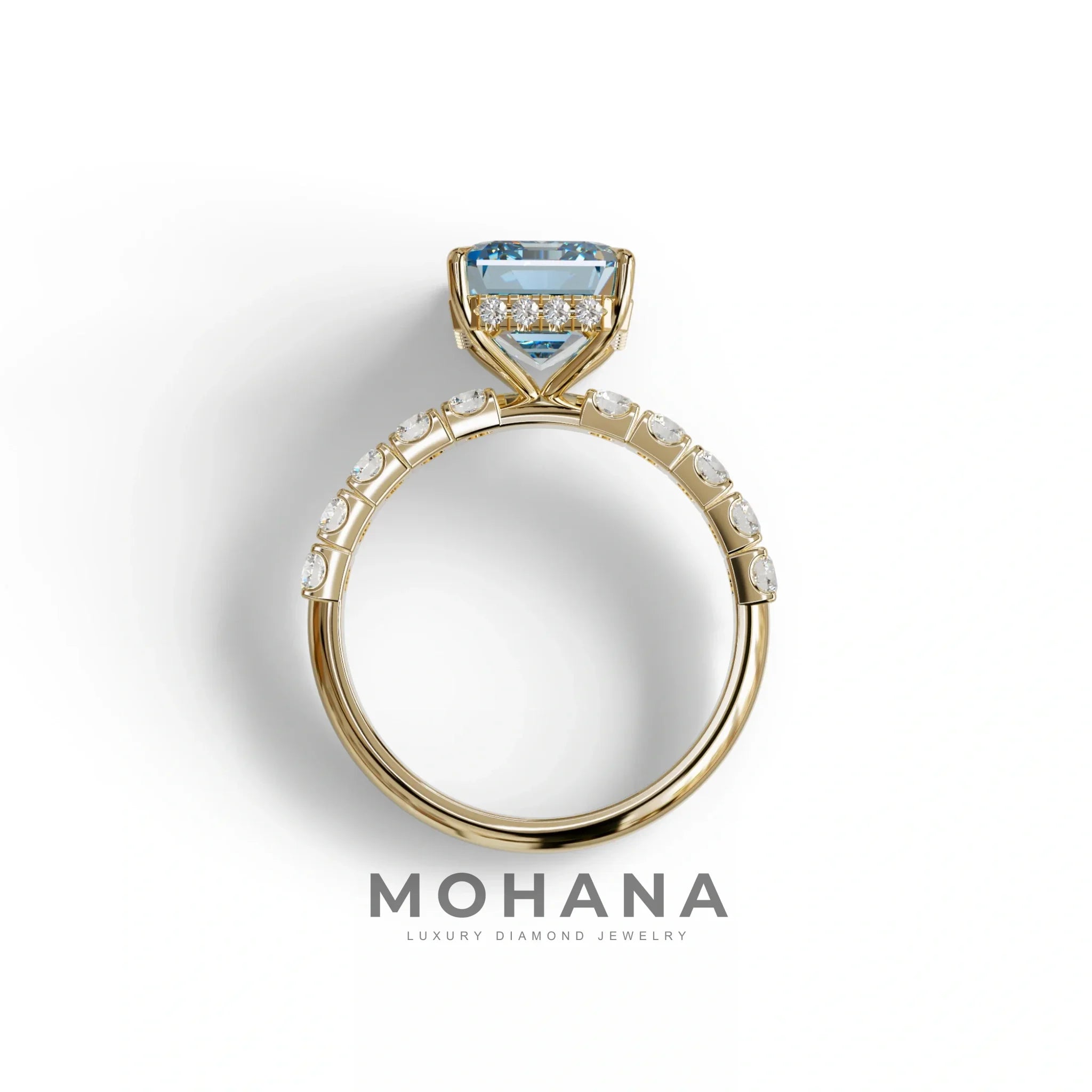 3 Carat Blue Emerald Cut Hidden Halo Lab Diamond Engagement Ring - Luminary