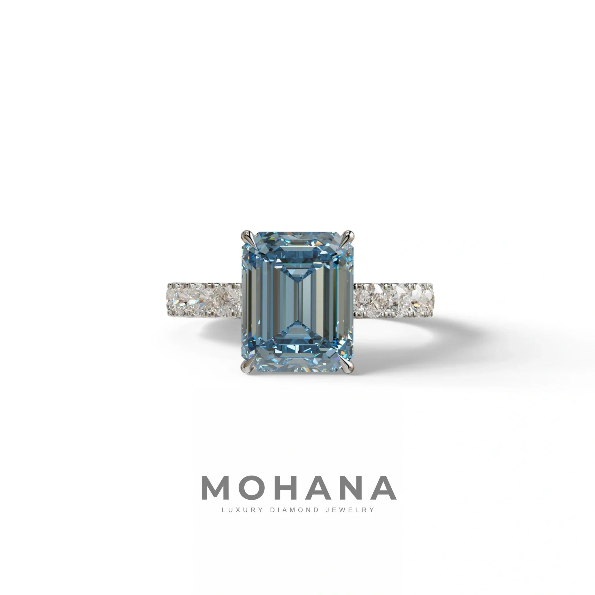 3 Carat Blue Emerald Cut Hidden Halo Lab Diamond Engagement Ring - Luminary - 10K Solid Gold / White Gold