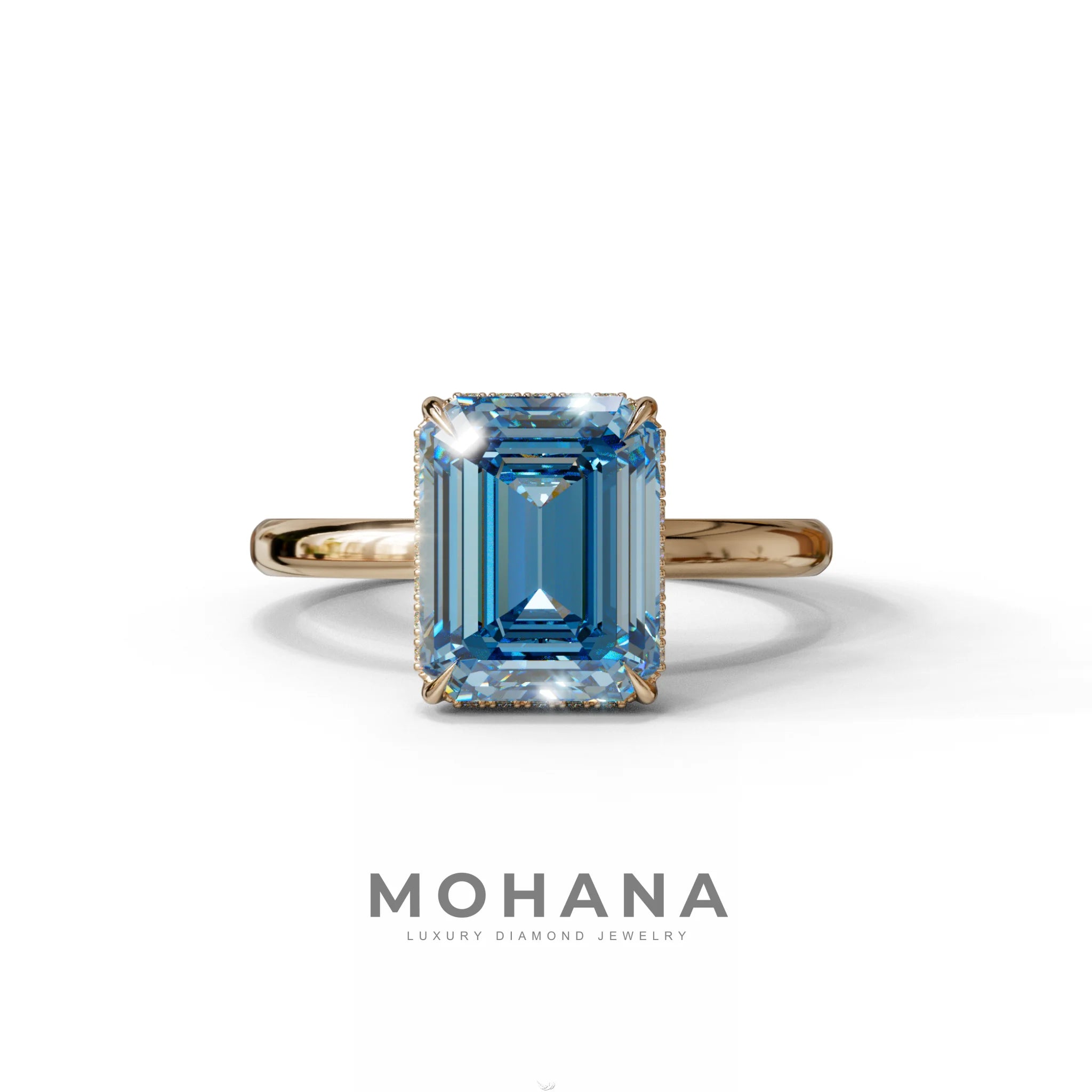 3 Carat Blue Emerald Cut Hidden Halo & Claw Setting Lab Grown Diamond Ring - 10K Solid Gold / Rose Gold