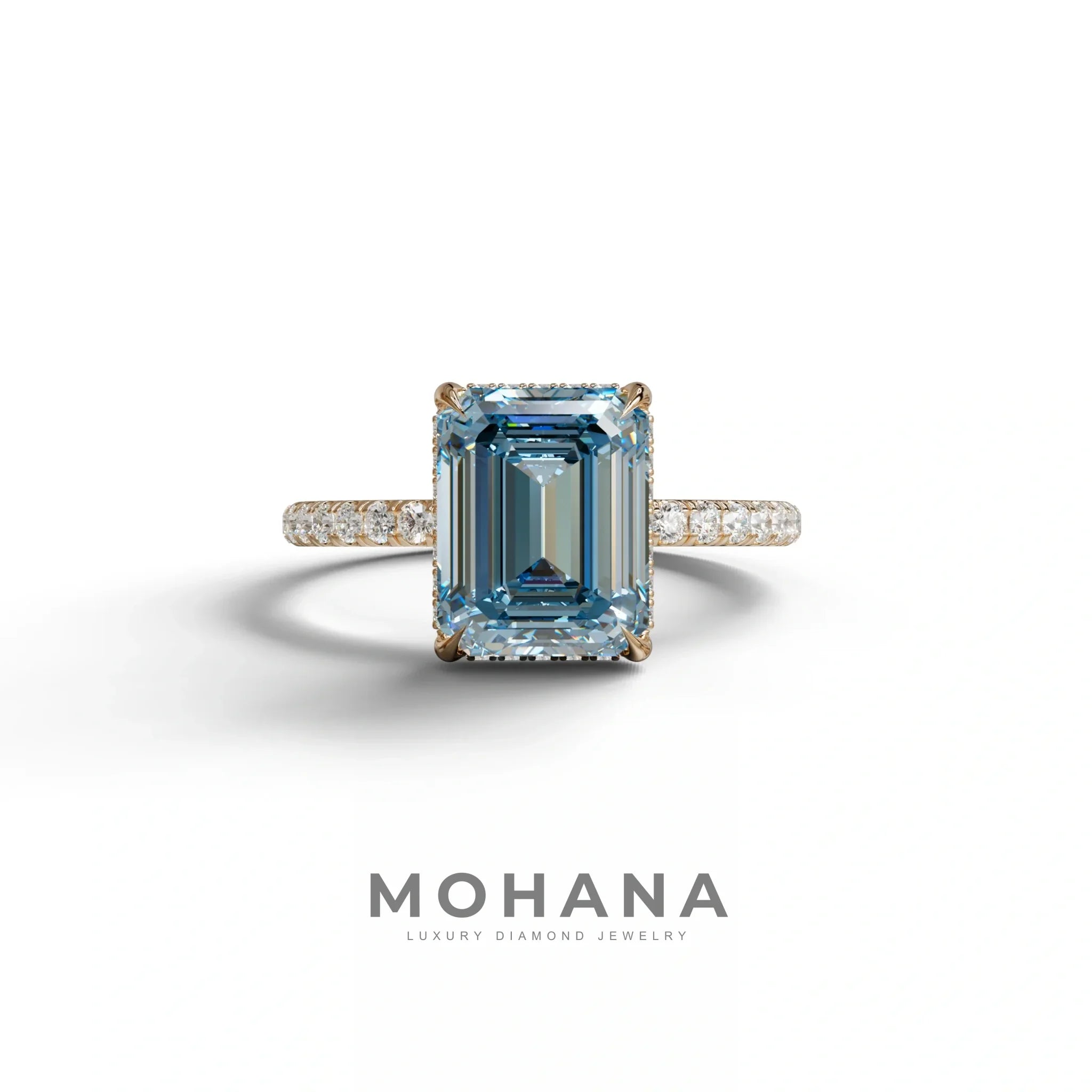3 Carat Blue Emerald Cut Lab Diamond In Hidden Halo & Pave Setting Ring - 10K Solid Gold / Rose Gold