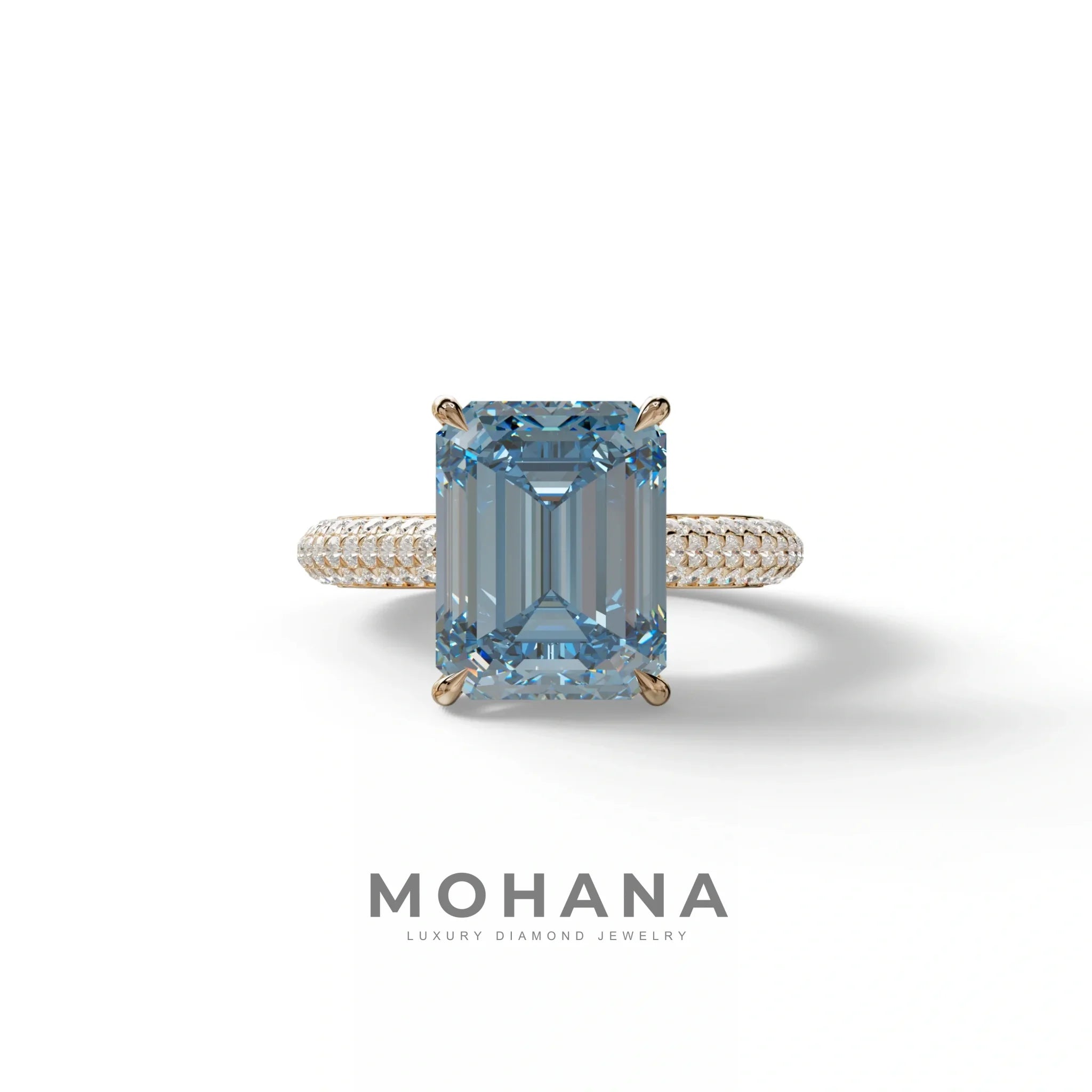 3 Carat Blue Emerald Cut Hidden Halo & Pave Set Lab Diamond Ring - Emme - 10K Solid Gold / Rose Gold