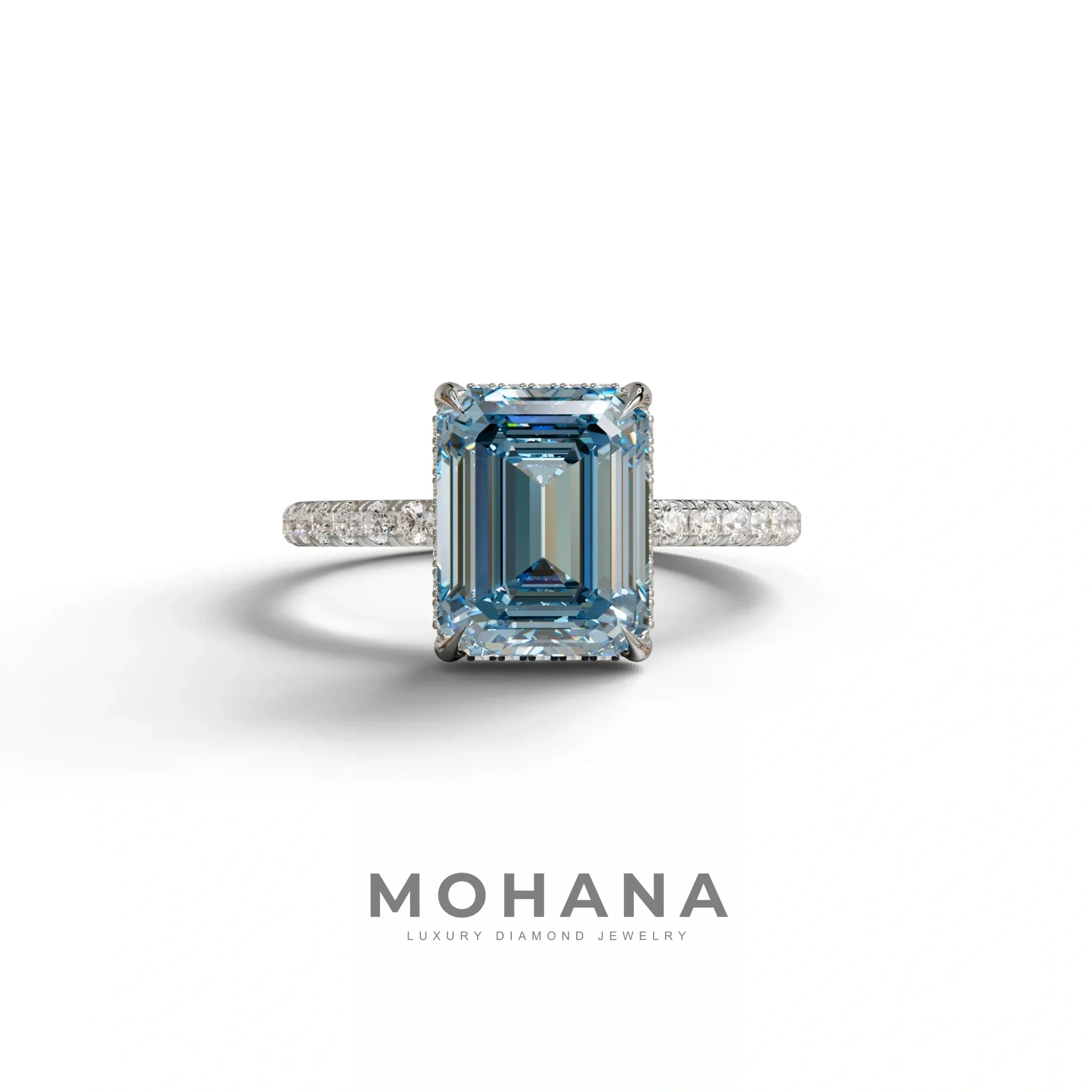 3 Carat Blue Emerald Cut Lab Diamond In Hidden Halo & Pave Setting Ring - 10K Solid Gold / White Gold