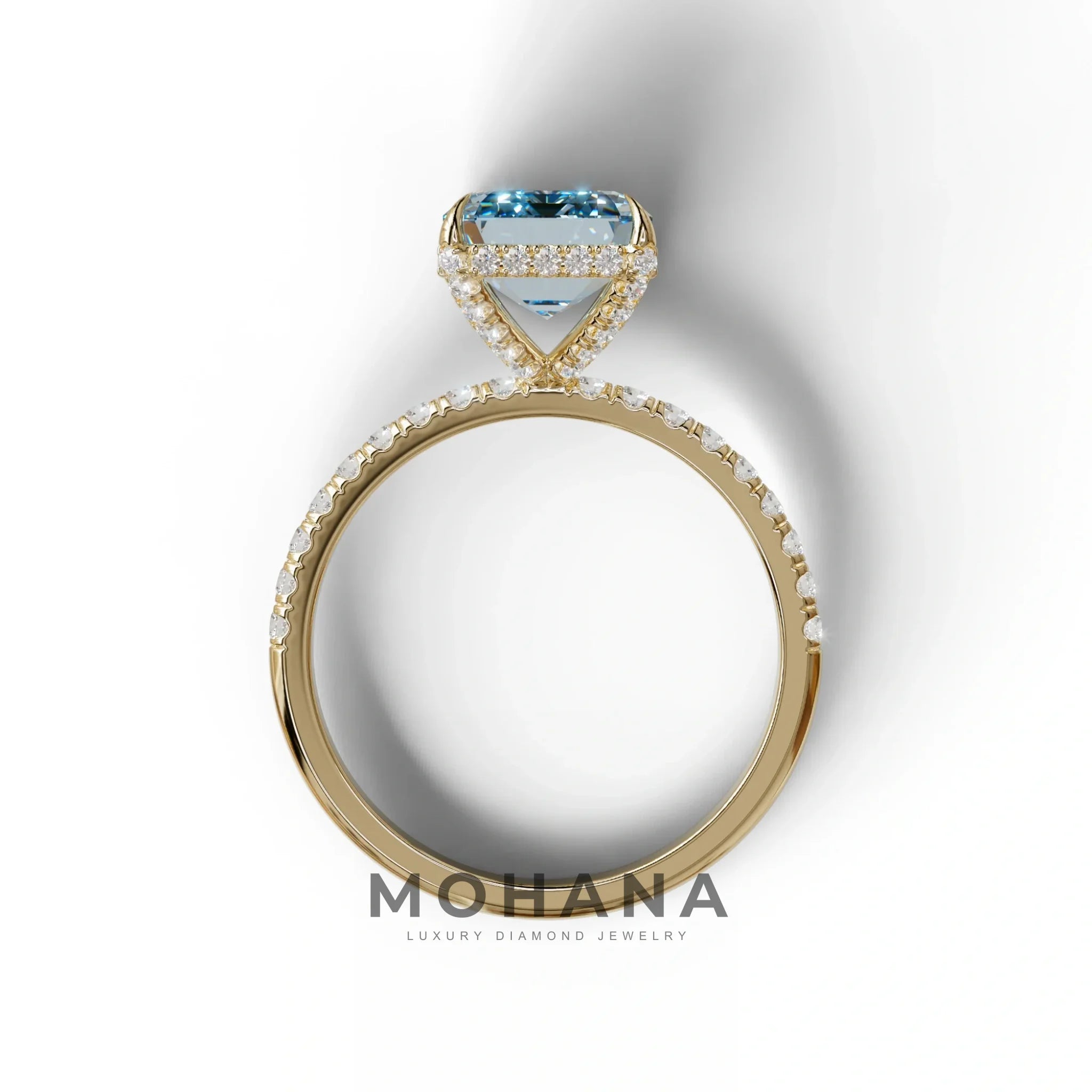 3 Carat Blue Emerald Cut Lab Diamond In Hidden Halo & Pave Setting Ring