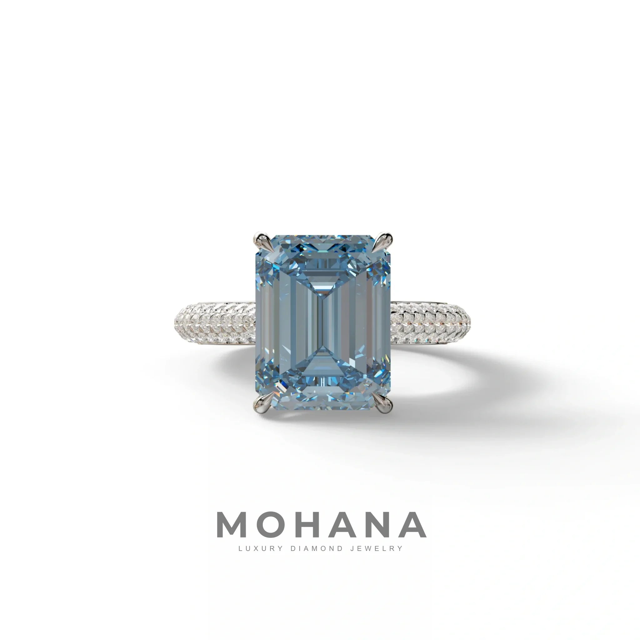 3 Carat Blue Emerald Cut Hidden Halo & Pave Set Lab Diamond Ring - Emme - 10K Solid Gold / White Gold