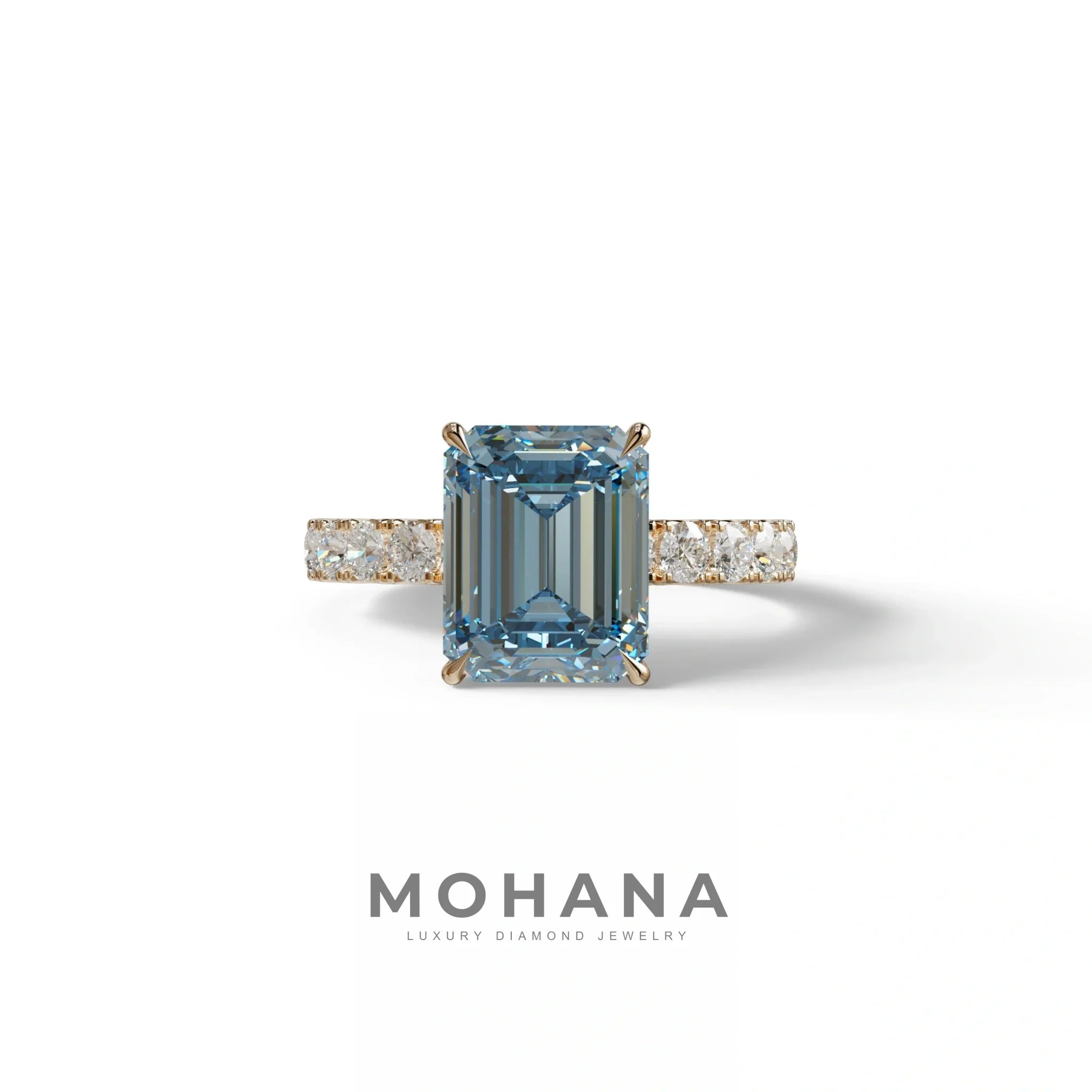 3 Carat Blue Emerald Cut Hidden Halo Lab Diamond Engagement Ring - Luminary - 10K Solid Gold / Rose Gold