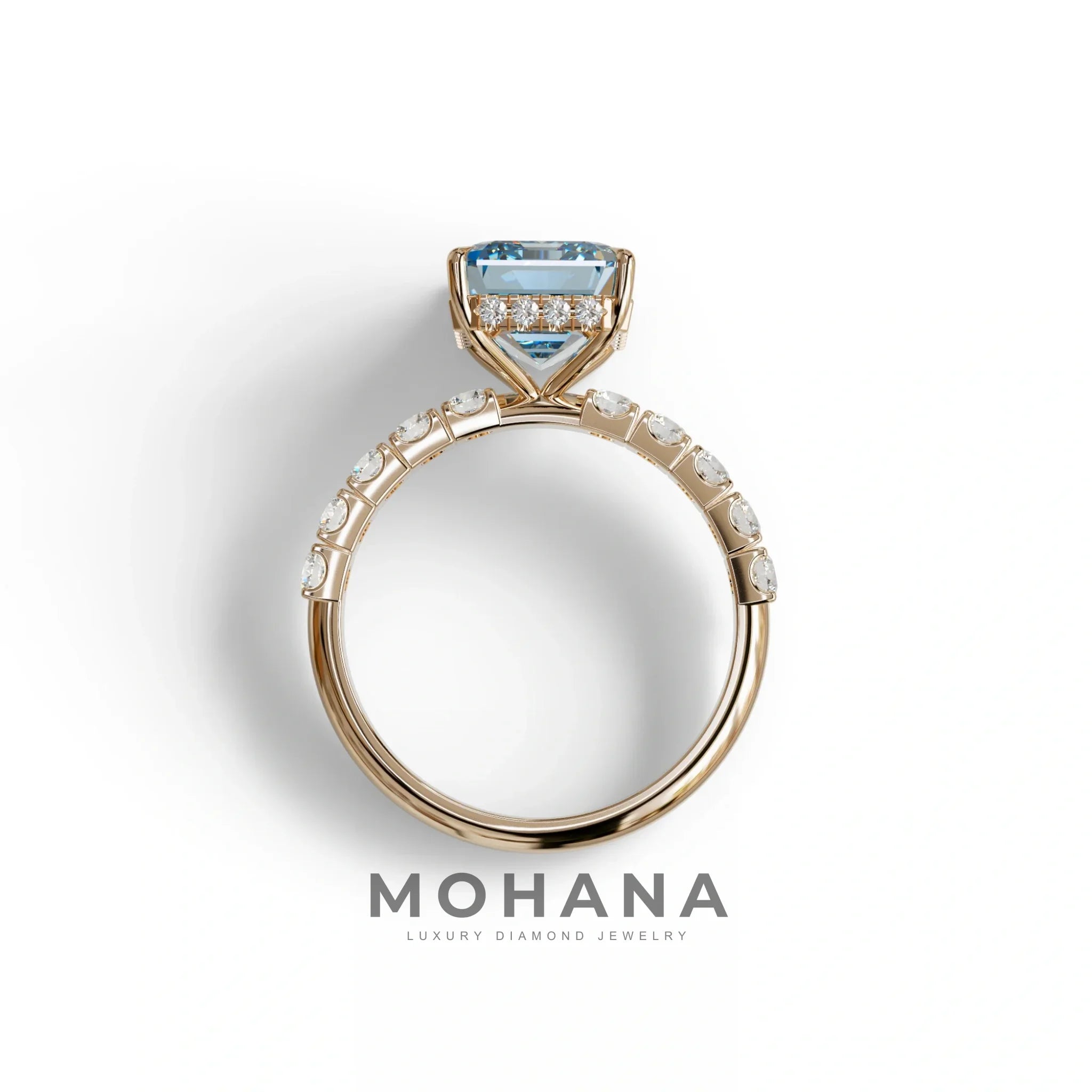 3 Carat Blue Emerald Cut Hidden Halo Lab Diamond Engagement Ring - Luminary