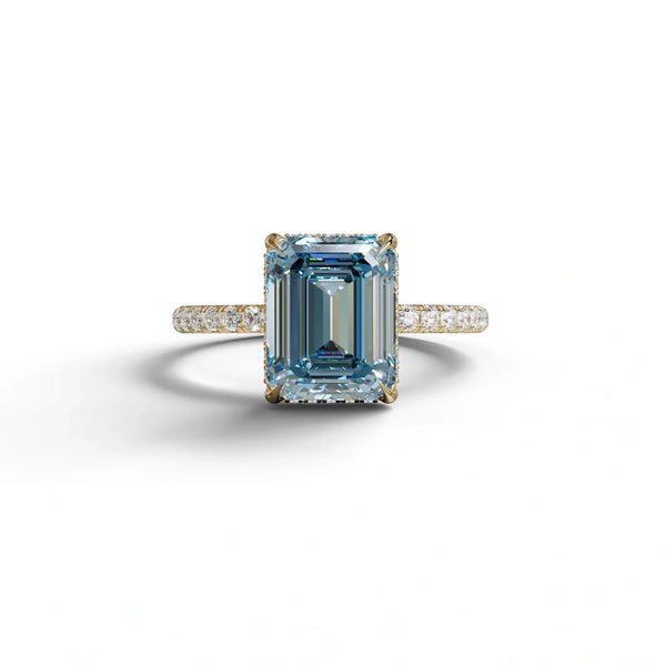 3 Carat Blue Lab Grown Diamond Engagement Ring – Emerald Cut Hidden Halo