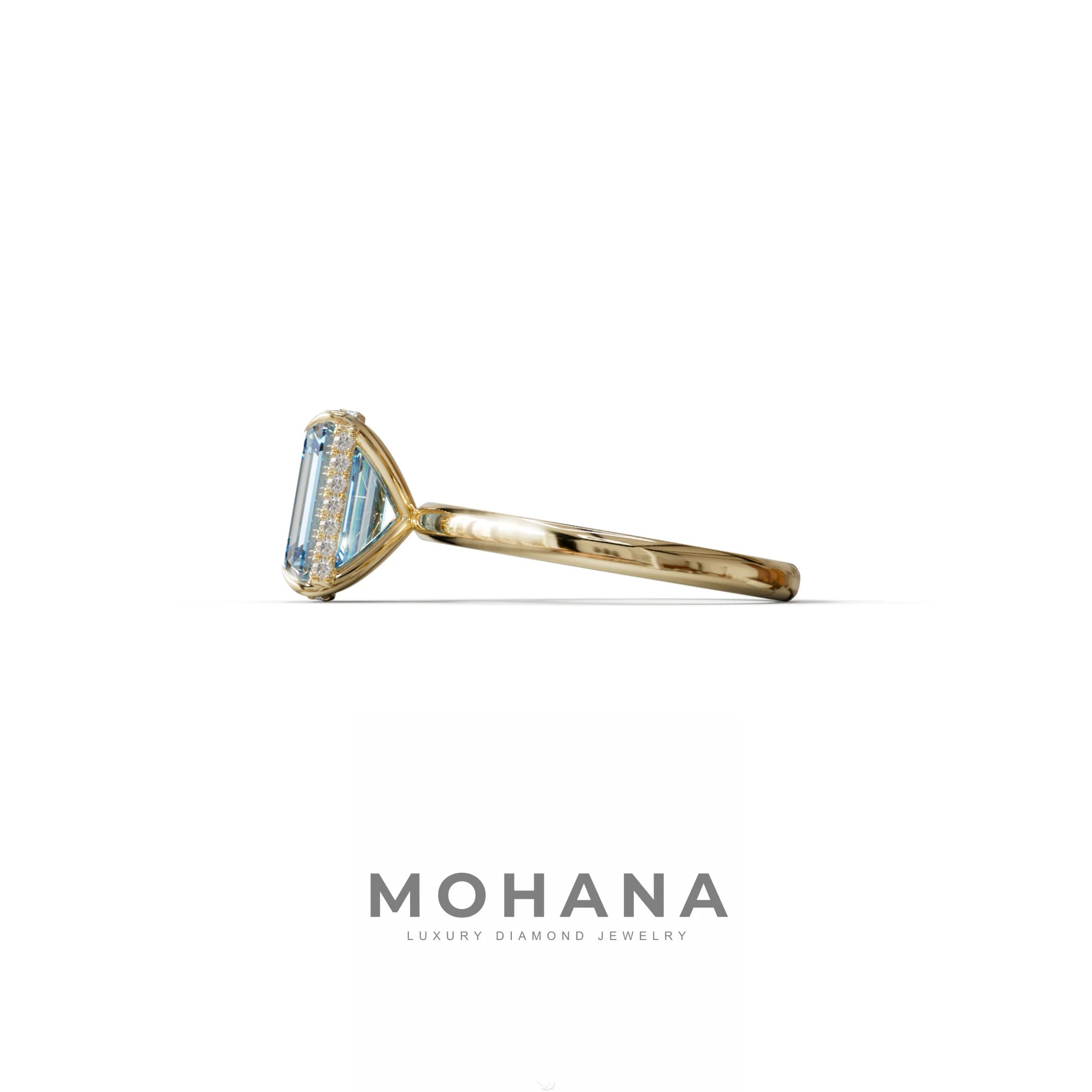 3 Carat Blue Emerald Cut Hidden Halo & Claw Setting Lab Grown Diamond Ring