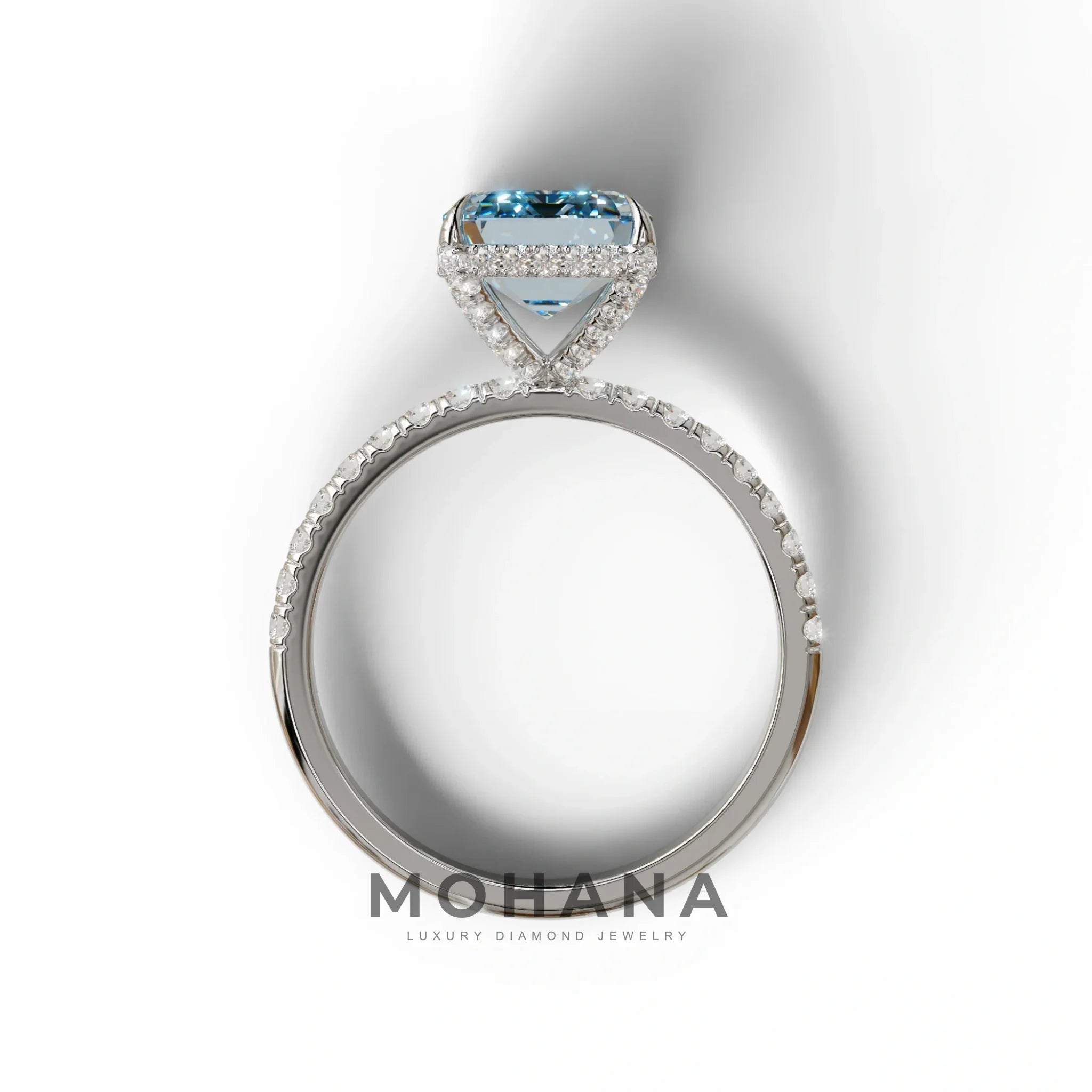 3 Carat Blue Emerald Cut Lab Diamond In Hidden Halo & Pave Setting Ring