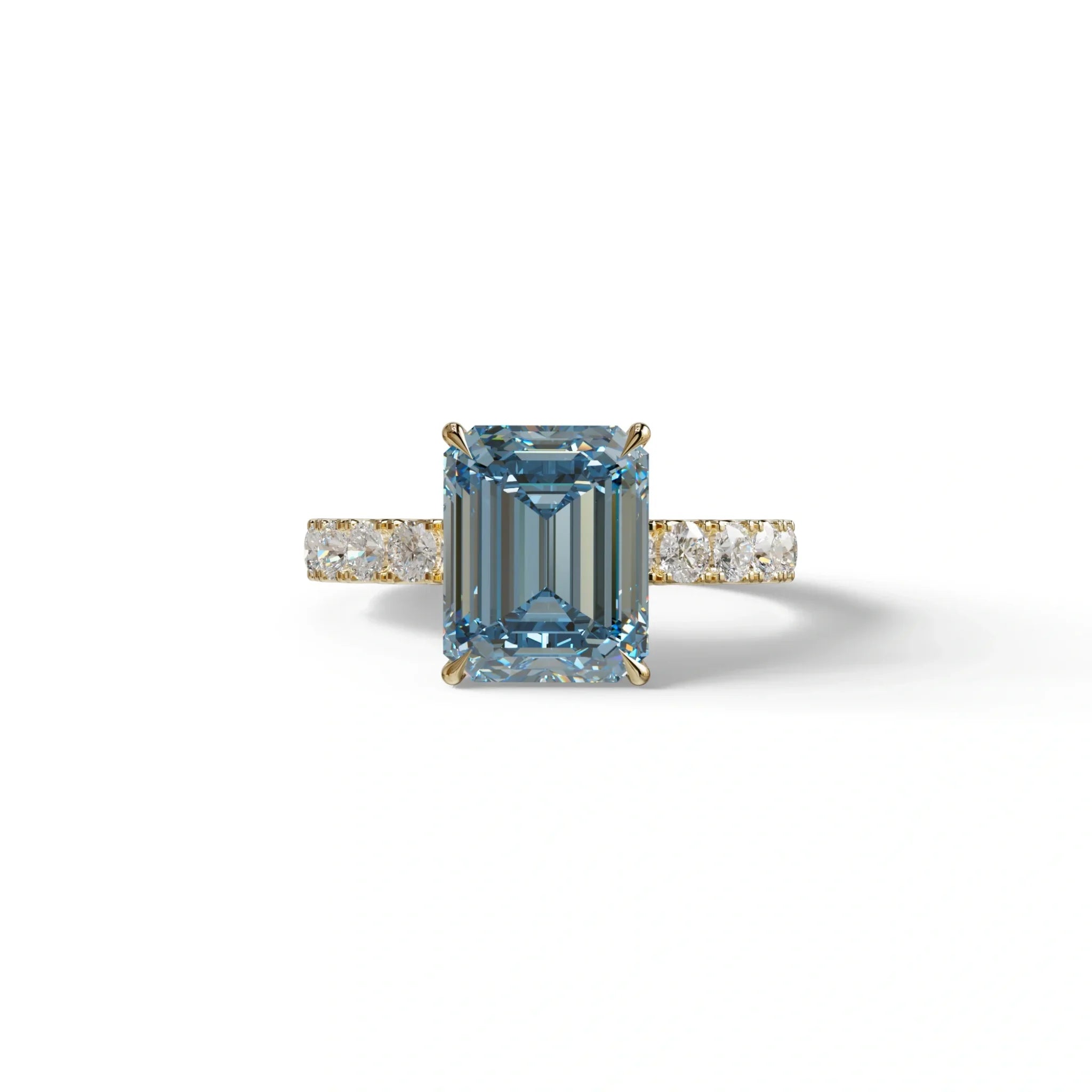 3 Carat Blue Emerald Cut Hidden Halo Lab Diamond Engagement Ring - Luminary - 10K Solid Gold / Yellow Gold