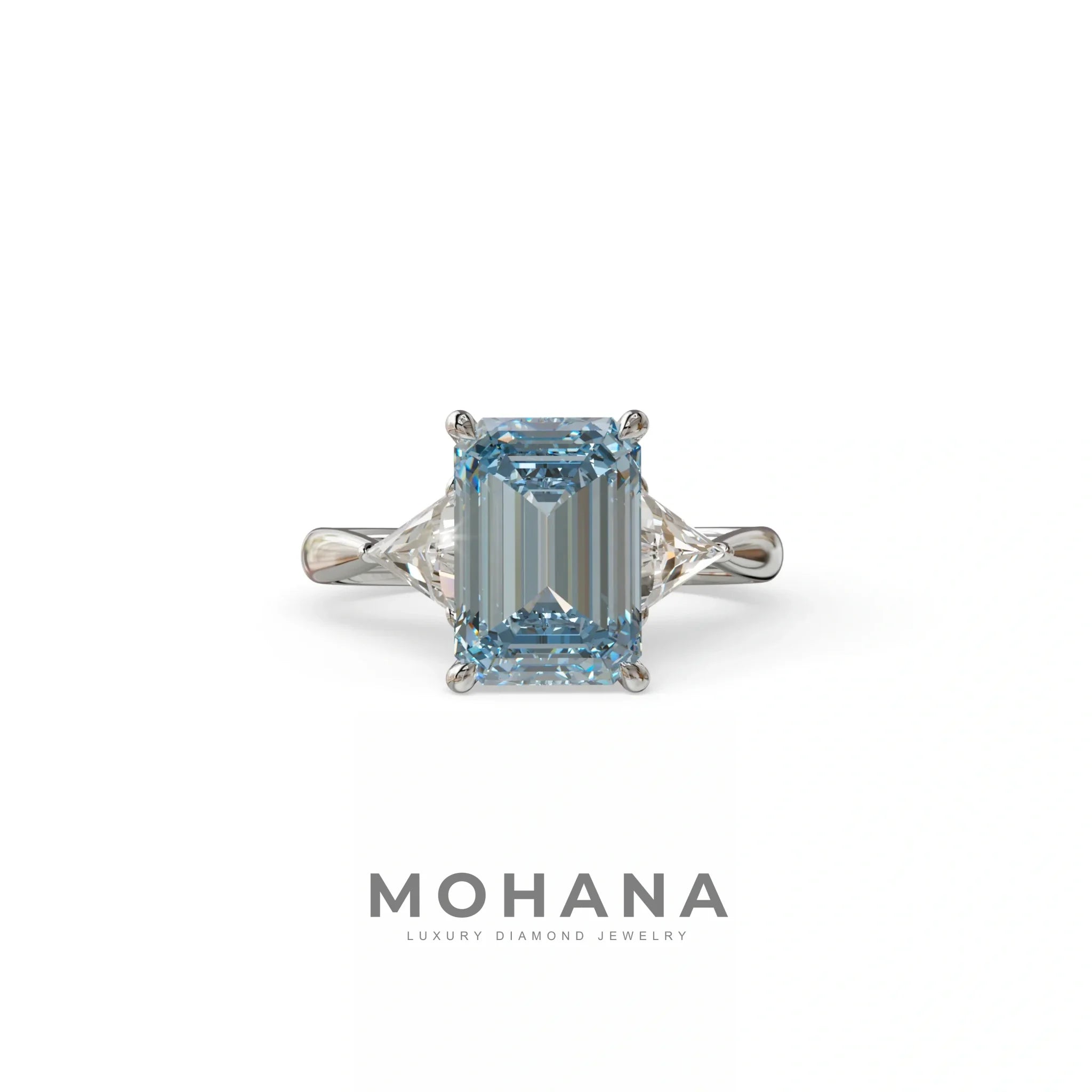 3Ct Vivid Blue Emerald Cut Lab Grown Diamond Three stone Engagement Ring - Polaris - 10K Solid Gold / White Gold