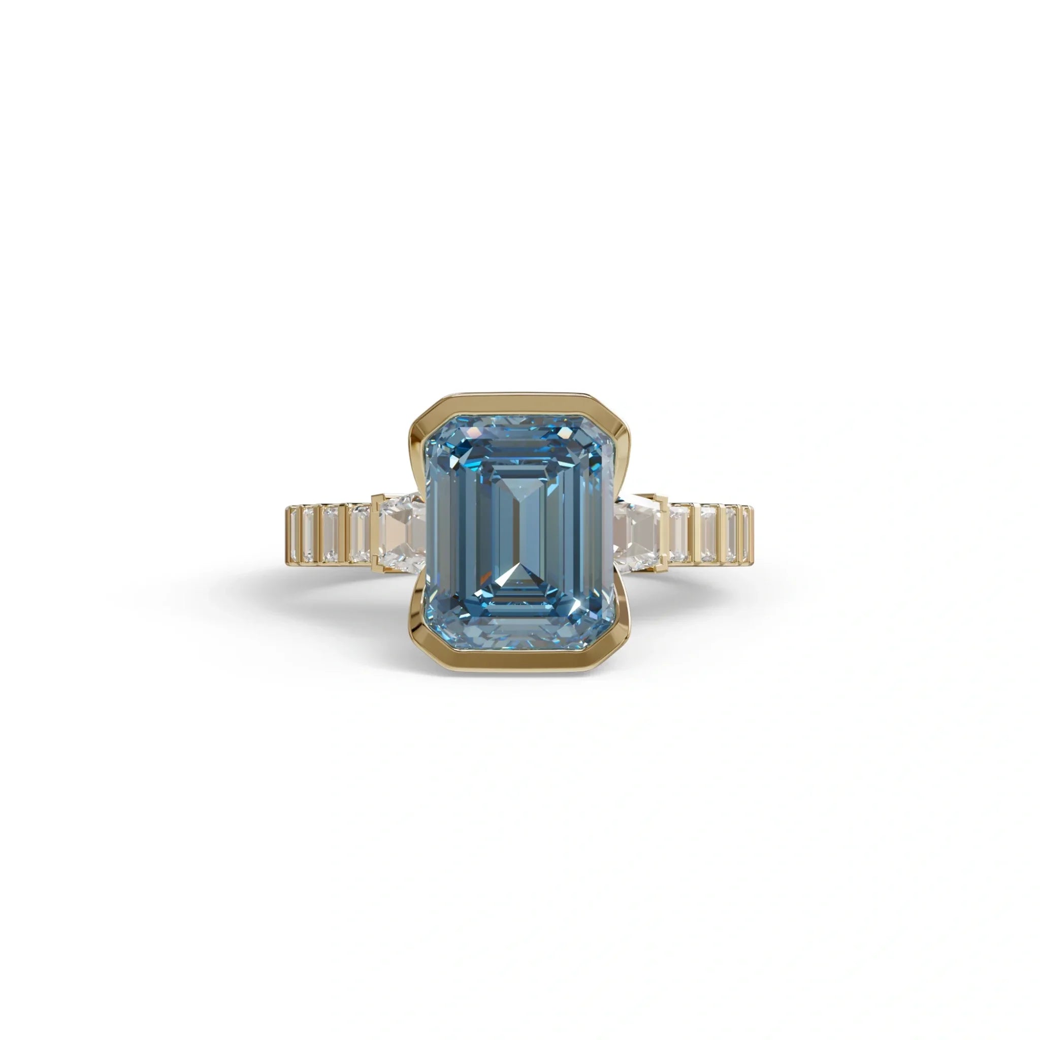 3 Carat Blue Color Emerald Cut Three Stone Lab Diamond Engagement Ring | Bezel Setting Ring - Gatsby - 10K Solid Gold
