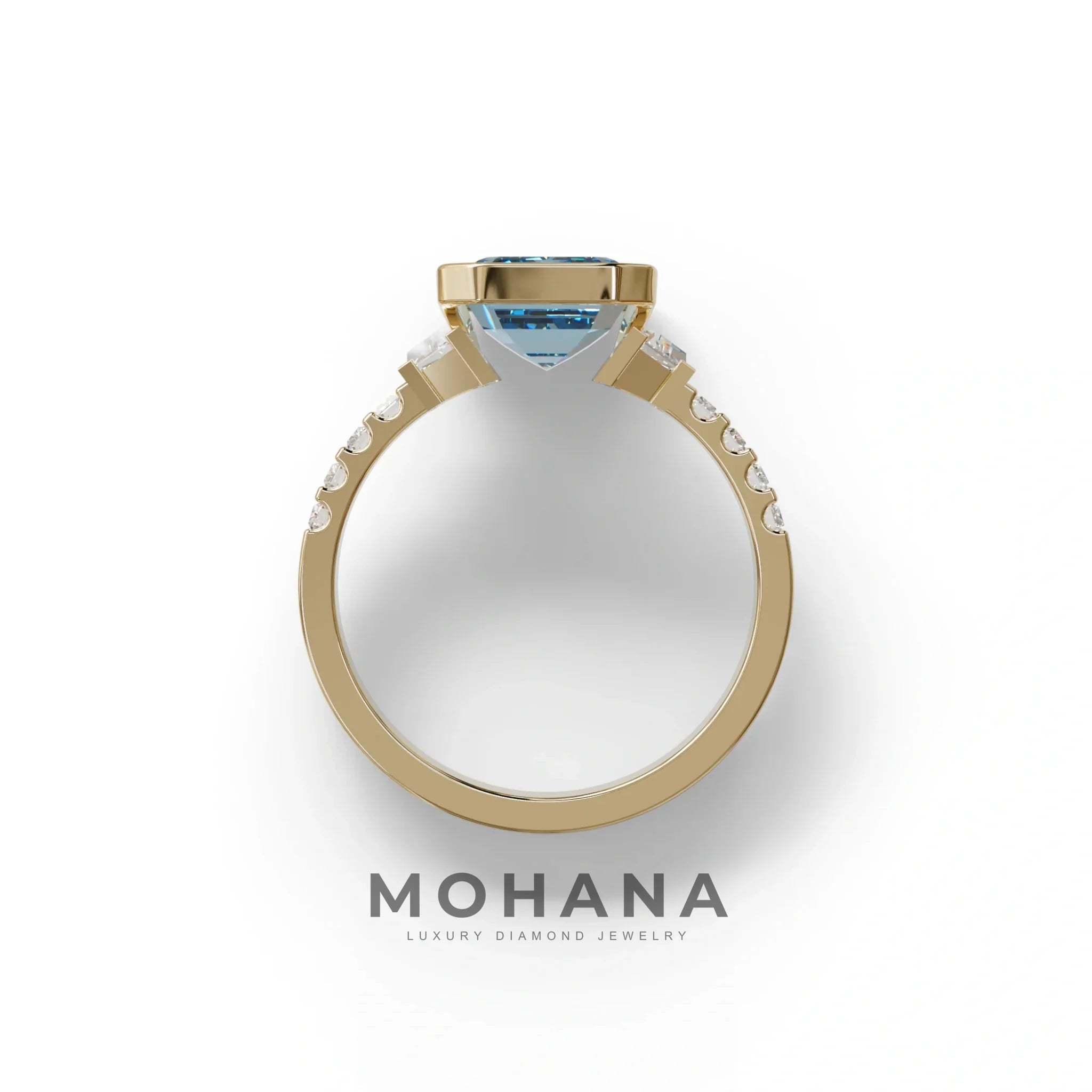 3 Carat Blue Color Emerald Cut Three Stone Lab Diamond Engagement Ring | Bezel Setting Ring - Gatsby