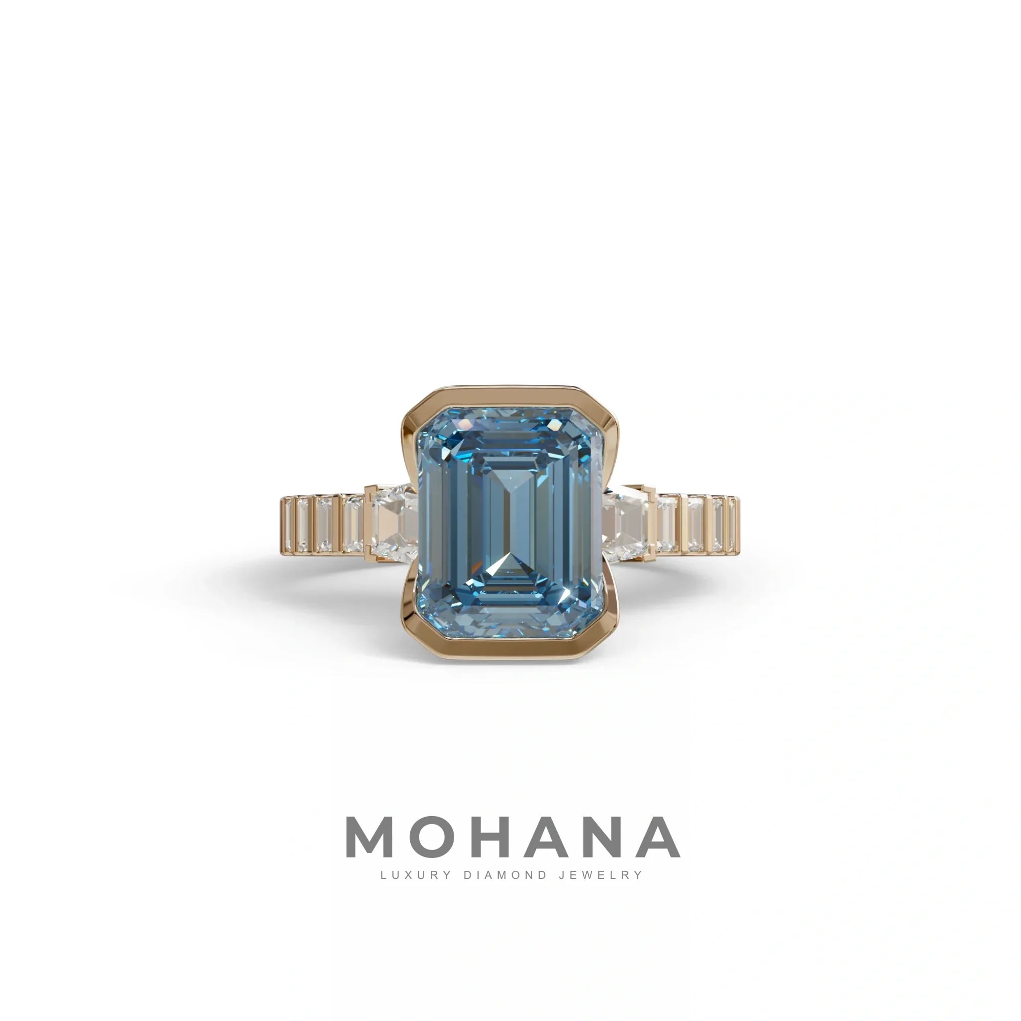 3 Carat Blue Color Emerald Cut Three Stone Lab Diamond Engagement Ring | Bezel Setting Ring - Gatsby - 10K Solid Gold