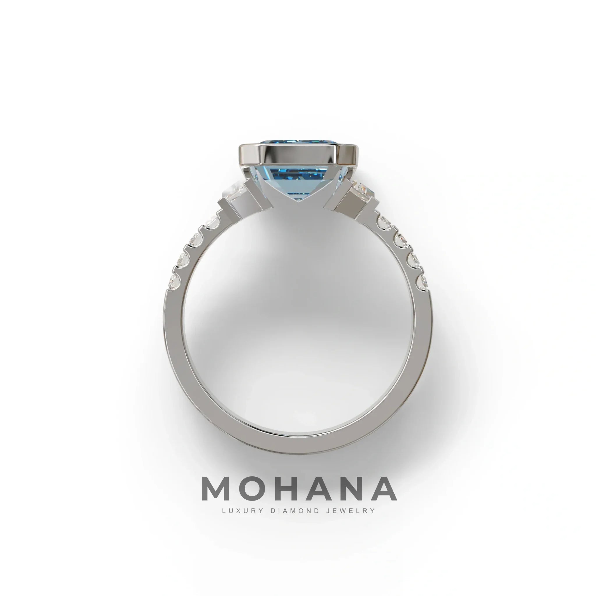 3 Carat Blue Color Emerald Cut Three Stone Lab Diamond Engagement Ring | Bezel Setting Ring - Gatsby