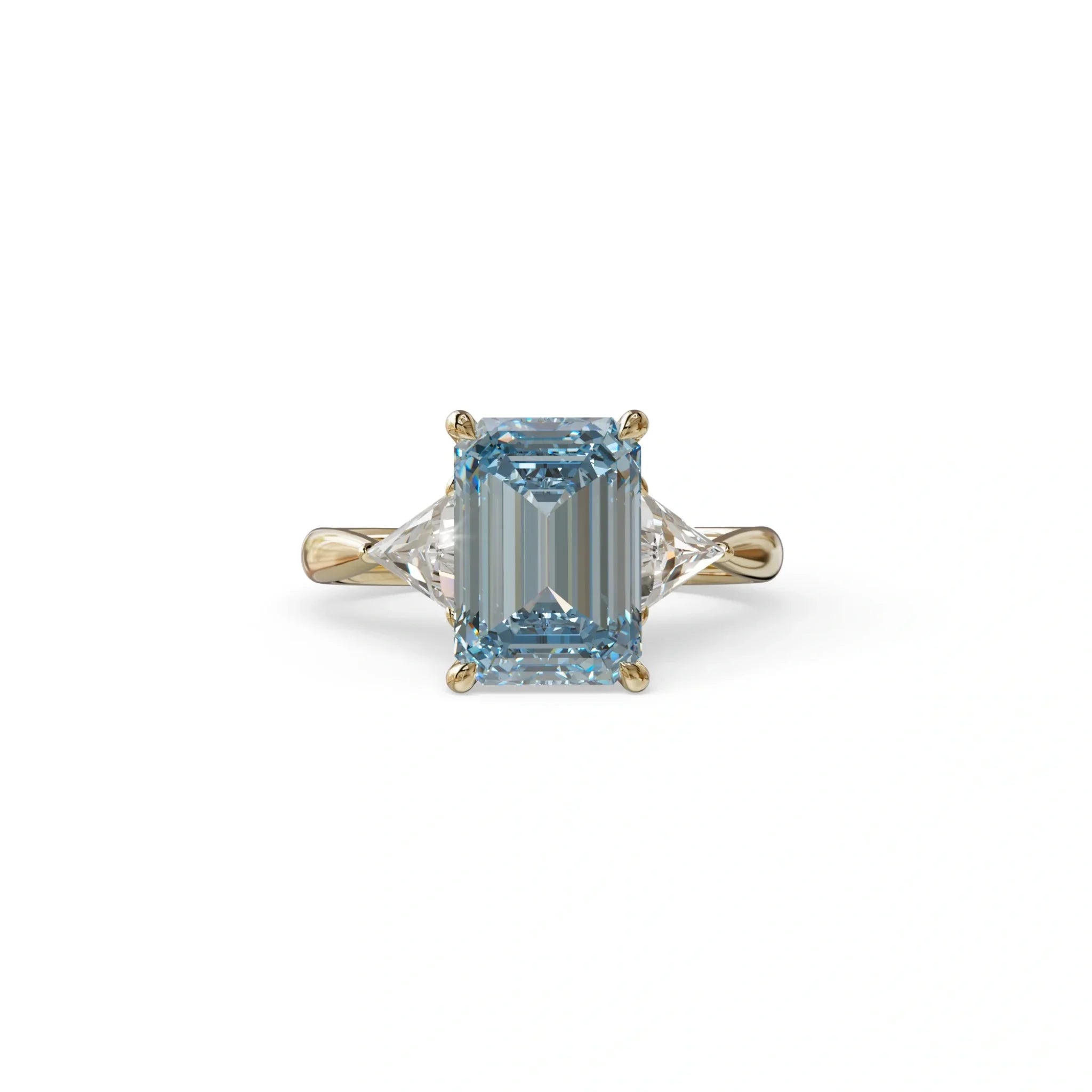 3Ct Vivid Blue Emerald Cut Lab Grown Diamond Three stone Engagement Ring - Polaris - 10K Solid Gold / Yellow Gold