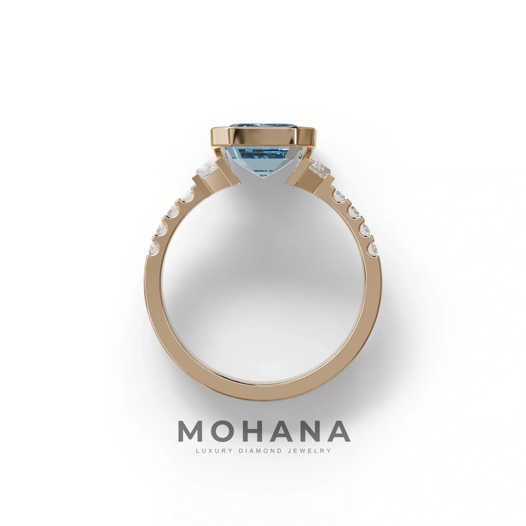 3 Carat Blue Color Emerald Cut Three Stone Lab Diamond Engagement Ring | Bezel Setting Ring - Gatsby