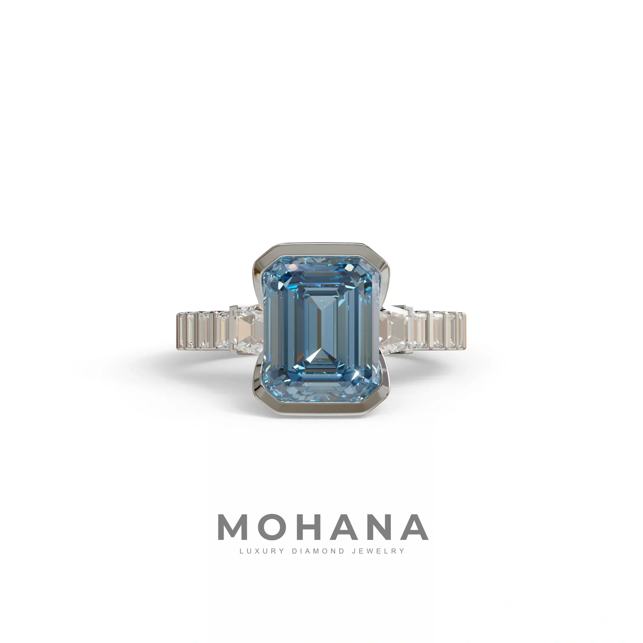 3 Carat Blue Color Emerald Cut Three Stone Lab Diamond Engagement Ring | Bezel Setting Ring - Gatsby - 10K Solid Gold
