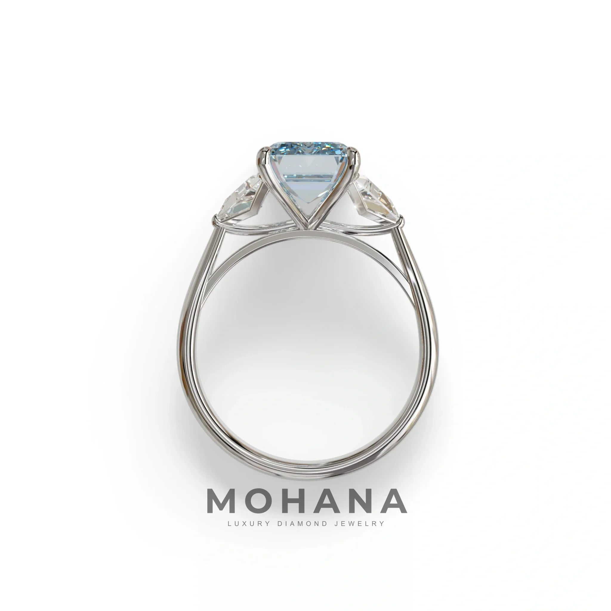 3Ct Vivid Blue Emerald Cut Lab Grown Diamond Three stone Engagement Ring - Polaris